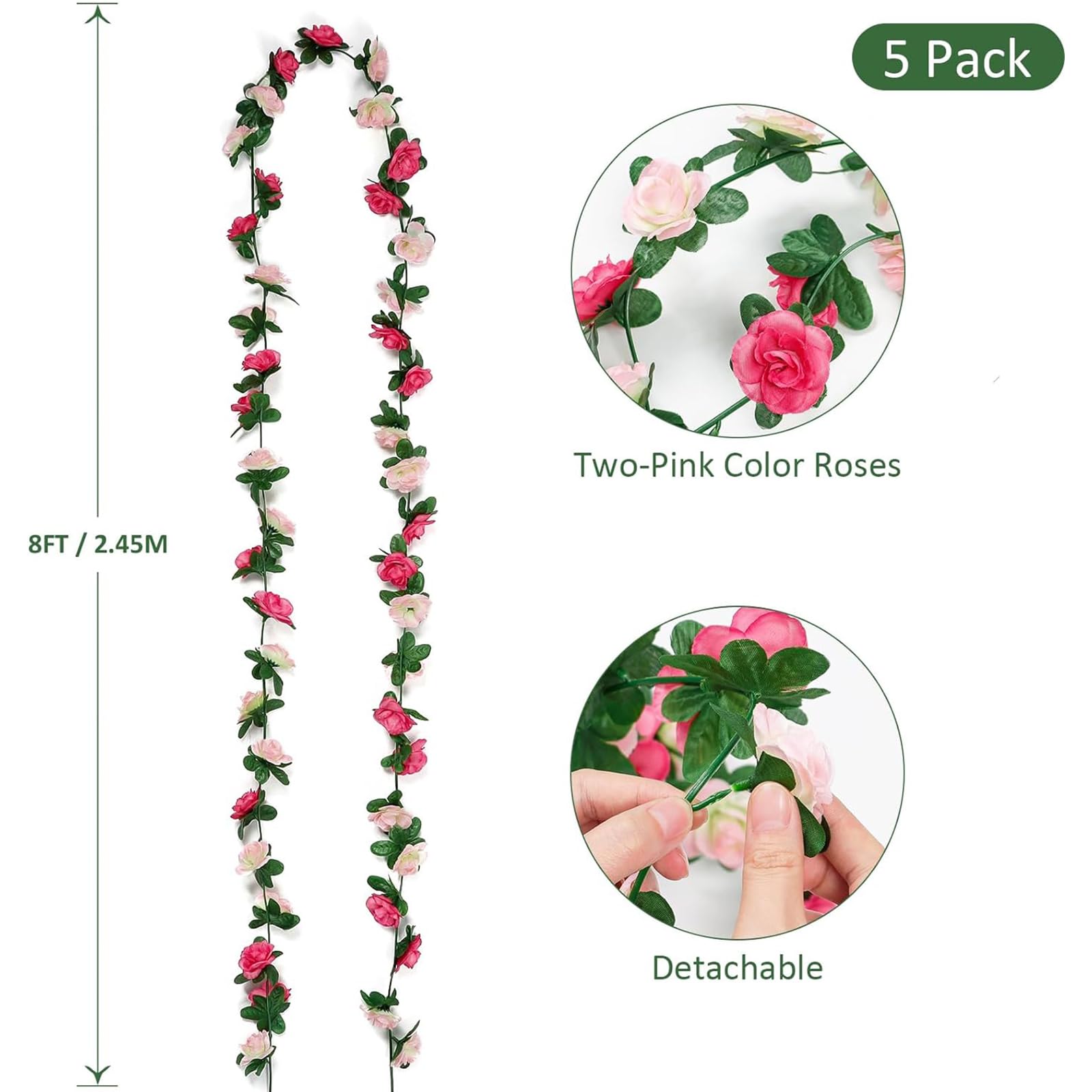 Weldomcor 5 Pezzi da 2,45 m Artificiale Ghirlanda di Fiori Rose Rosa Viti Fiori di Seta Appesa Rattan Ghirlanda All'aperto Decorazione Per Arco di nozze Camera da Letto Casa Giardino Decorazione