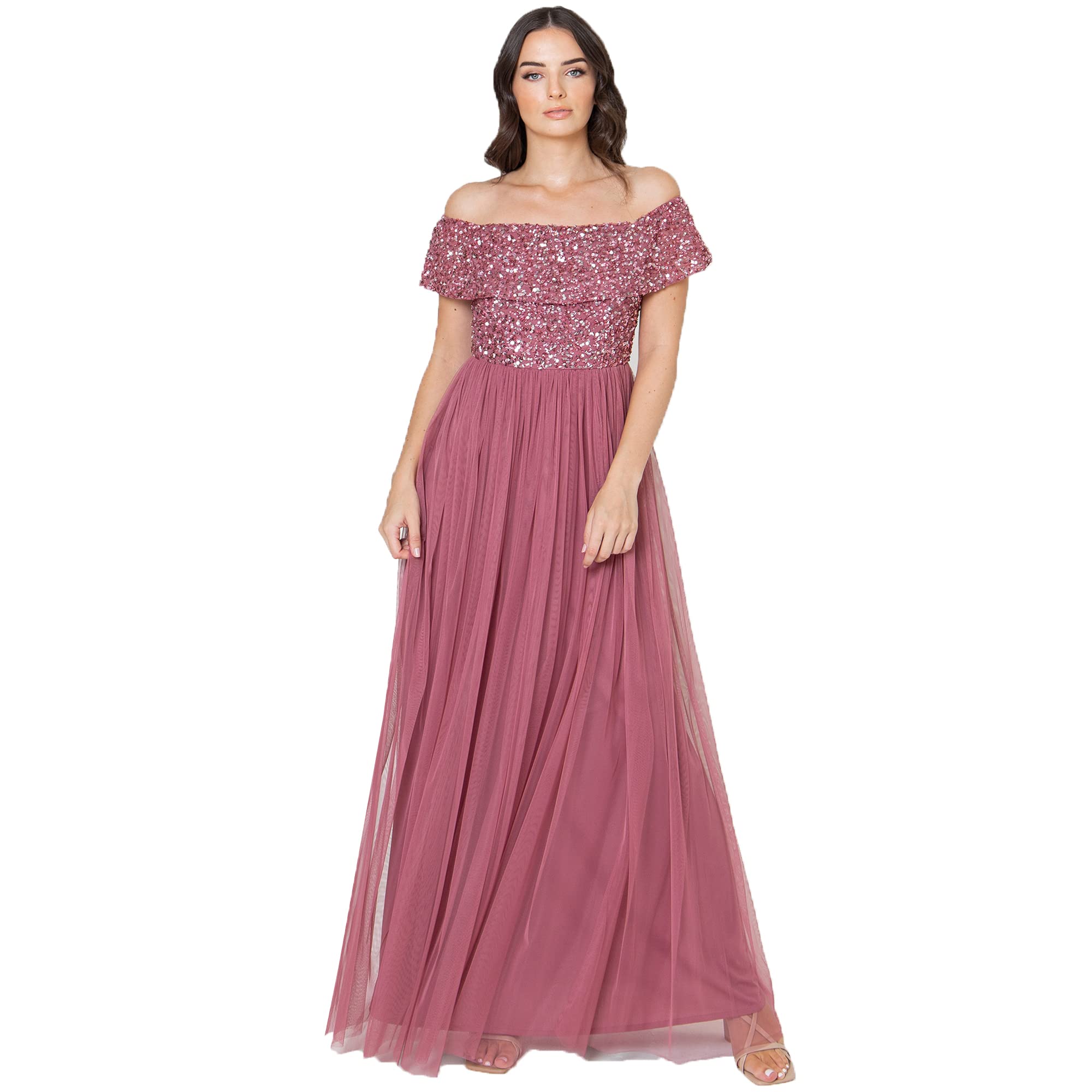 Maya Deluxe Abendkleid Damen Brautjungfernkleid Bardot Paillettenverzierung Abendkleid Elegant für Hochzeit Tüllkleid