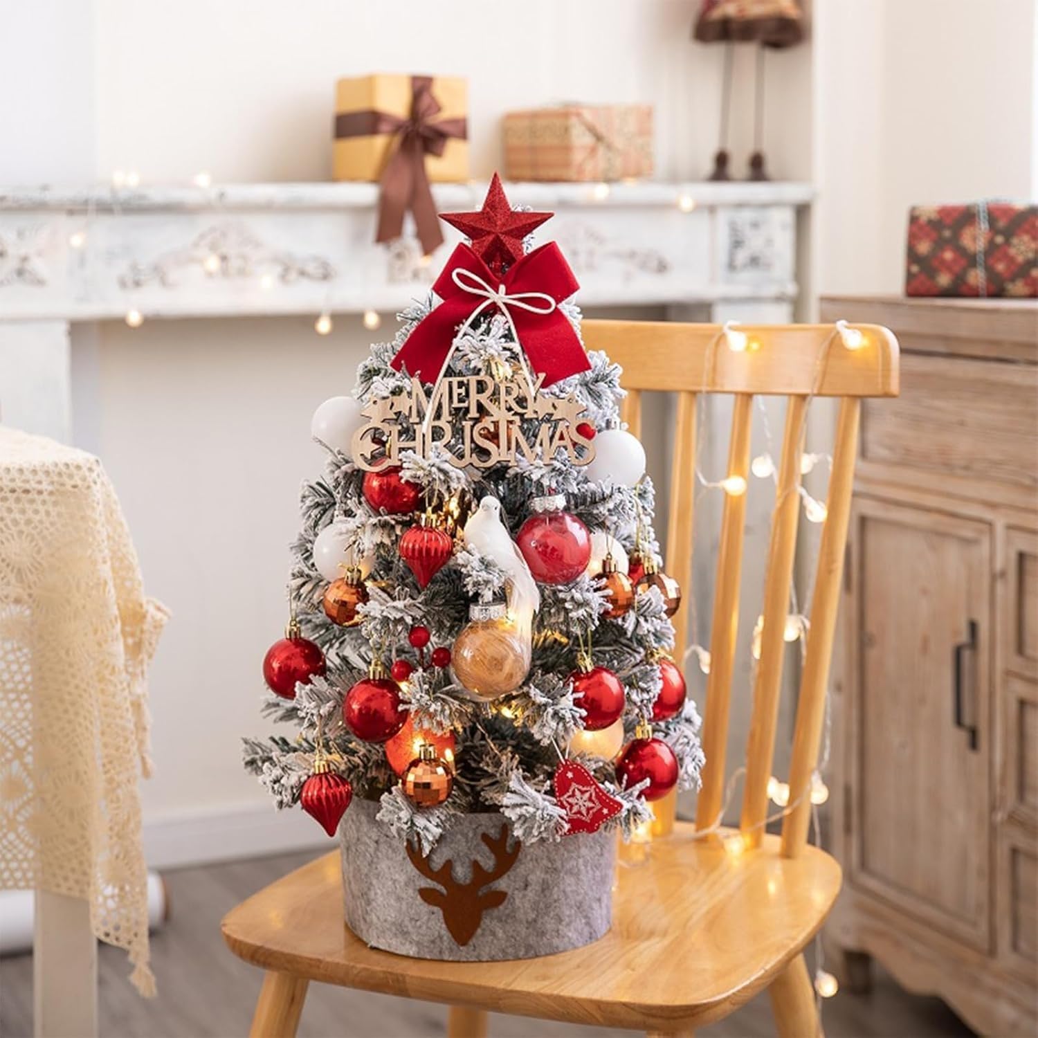 Mini Sapin de Noël Artificiel floqué de 61 cm, Sapin de Table avec décorations suspendues for la décoration de la Maison Pendant Les fêtes. Plantes artificielles(Grey)