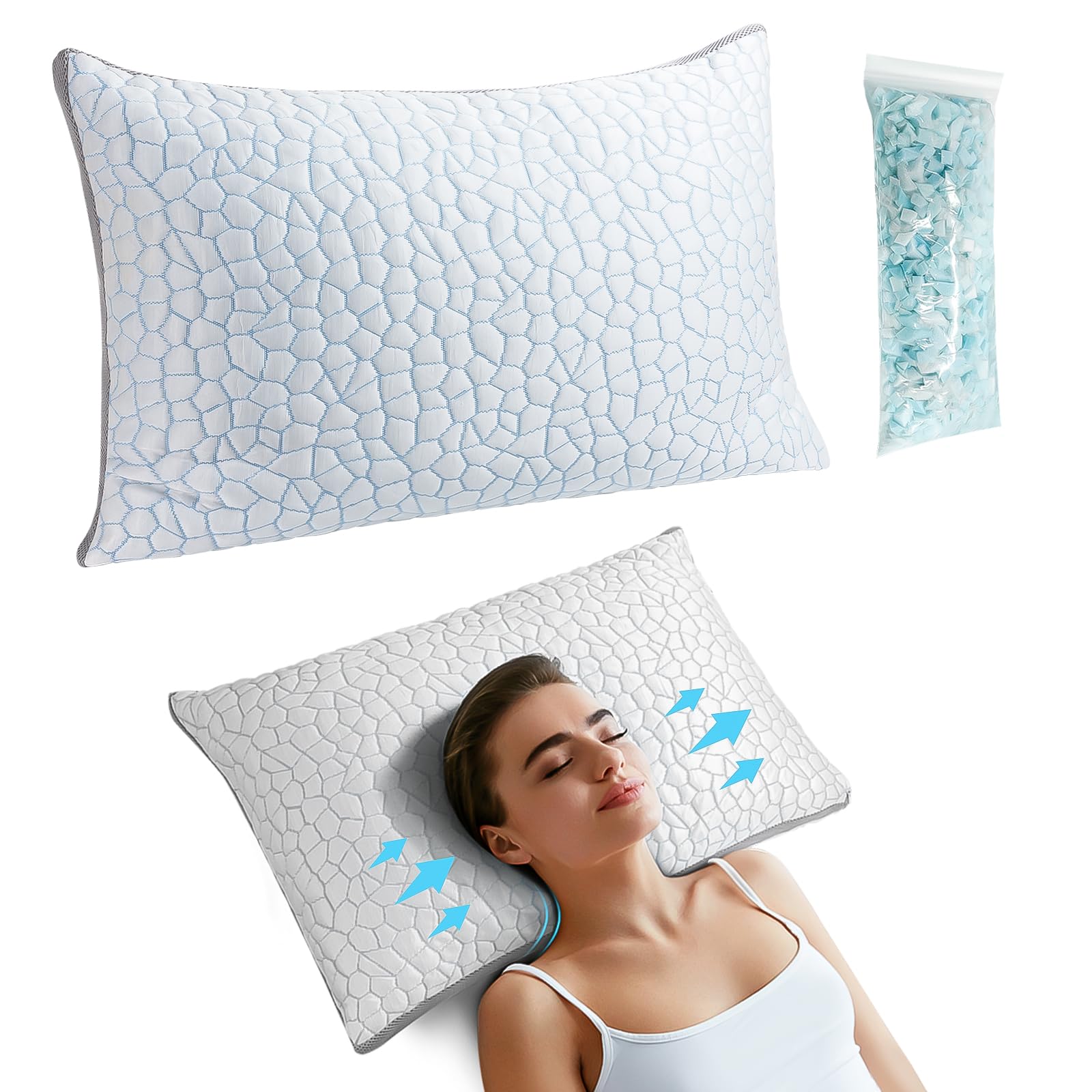 MetersGod Shredded Memory Foam Pillows for Sleeping Cooling Bamboo Pillow with Adjustable Loft Bed Pillows for Side and Back Sleepers Washable Removable Cover (Queen Pack of 1)