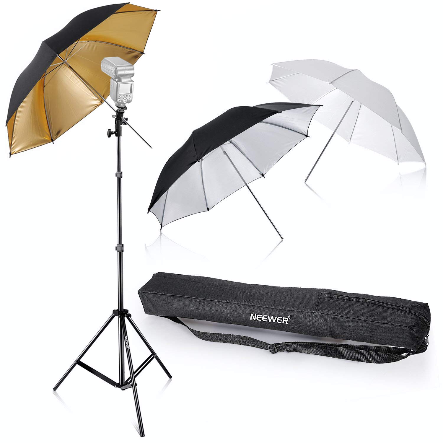 NeewerFlash Mount Three Umbrellas Kit 33"/84cm White Soft/Silver Reflective/Gold Reflective Umbrella for Canon 430EX II, 580EX II, Nikon SB600 SB800, Yongnuo YN560, YN565, Neewer TT560, TT680