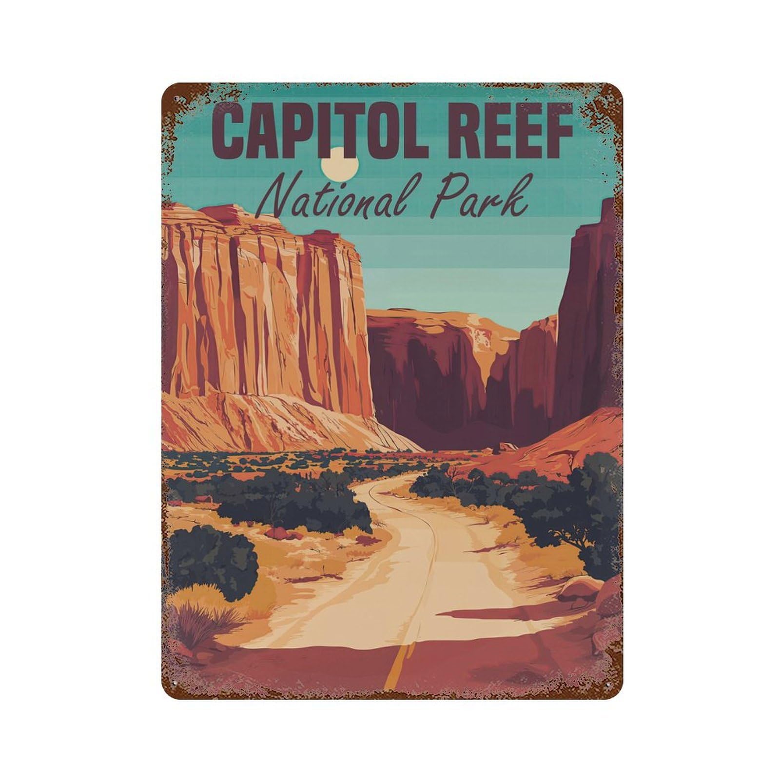 Rust Effect Capitol Reef National Park Weathered Tin Sign 15.7"x11.8", Shabby Chic Decor for Cafe, Home Bar And Lounge Decor