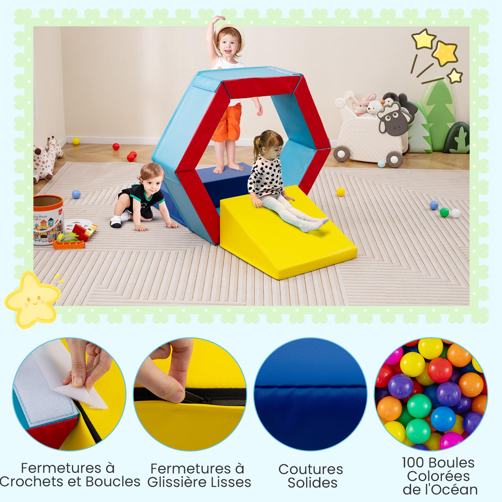DREAMADE 3 Parcours Motricité Bébé, Blocs de Construction & Piscine à Balles pour Grimper et Ramper avec 100 Balles Océaniques, pour Enfants 1+ Ans