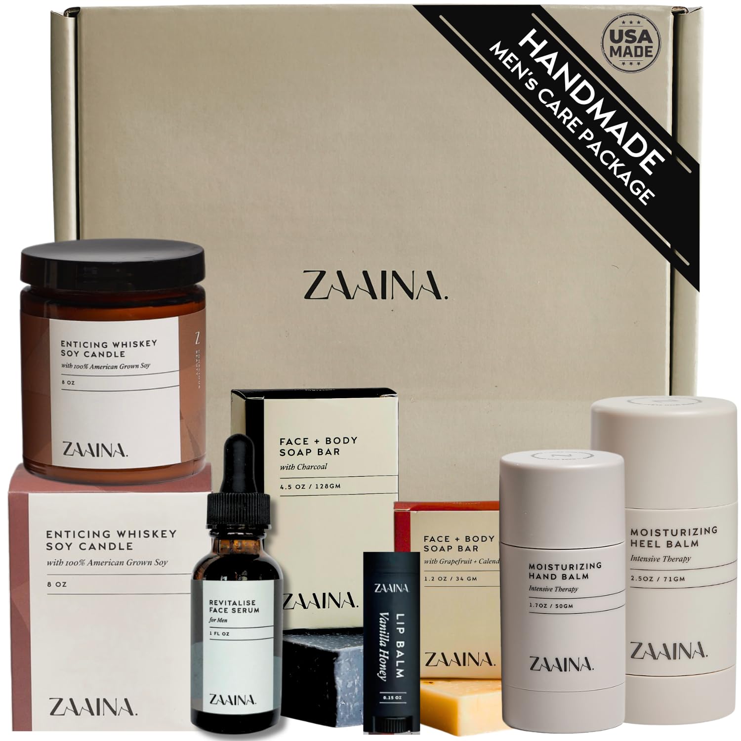 ZAAINA Men’s Self Care Package, Relaxation Spa Gift Set for Him - Luxury Natural Handmade Grooming Kit for Husband Dad Friend, Birthday & Christmas Gifts for Men (Premium Set with Whiskey Candle)
