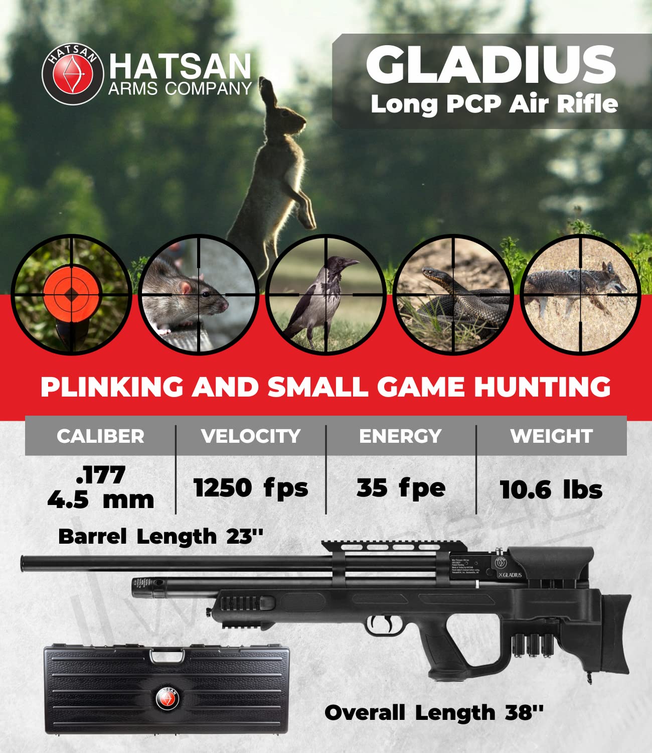 Hatsan Gladius Long .177 Cal Air Rifle with Included Wearable4U 100x Paper Targets and 500x .177cal Pellets Bundle