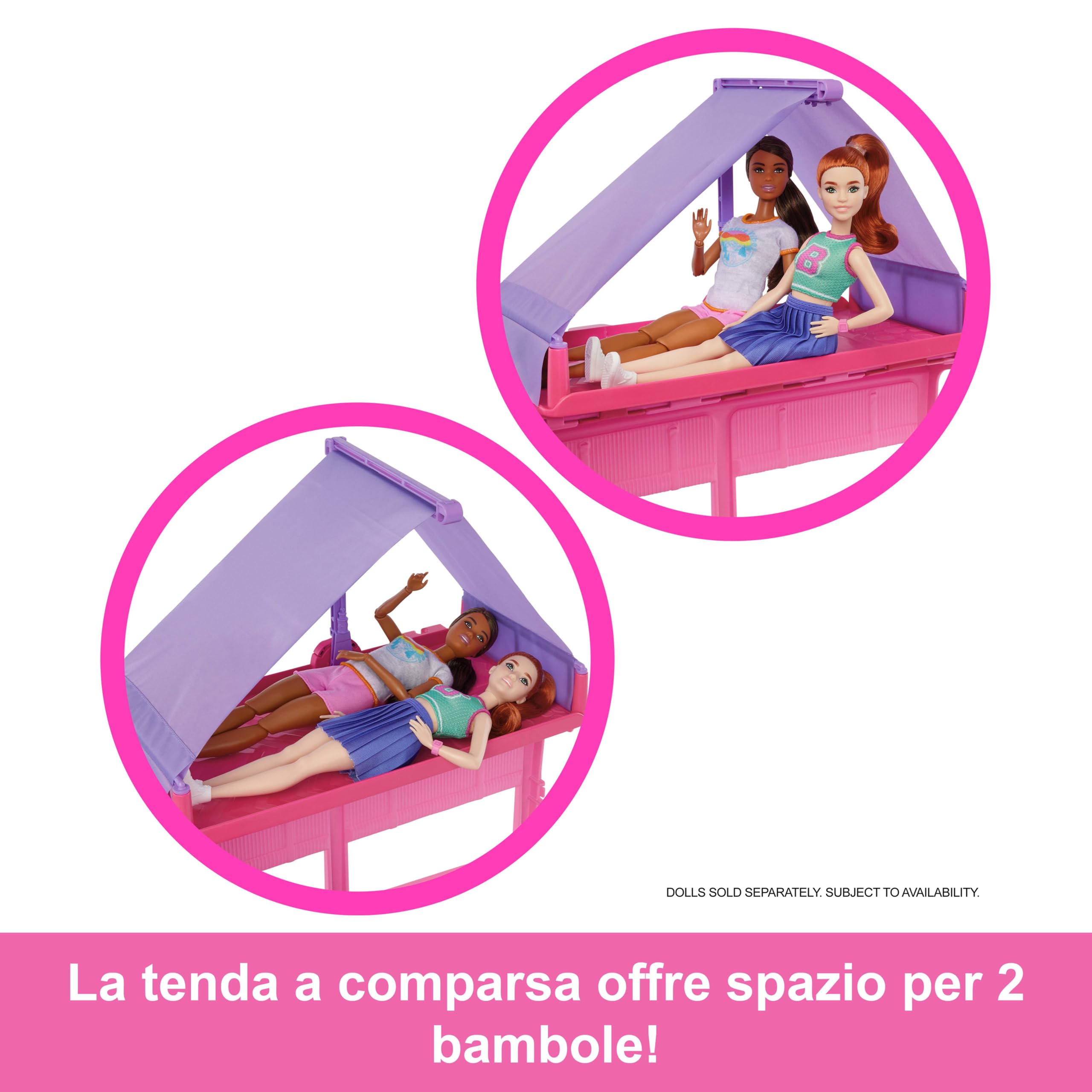 Barbie - Camper dei Sogni, veicolo con oltre 60 accessori e pasta modellabile, effetto cambia colore, include tenda sul tetto e altalena, giocattolo per bambini, 3+ anni, HRJ78