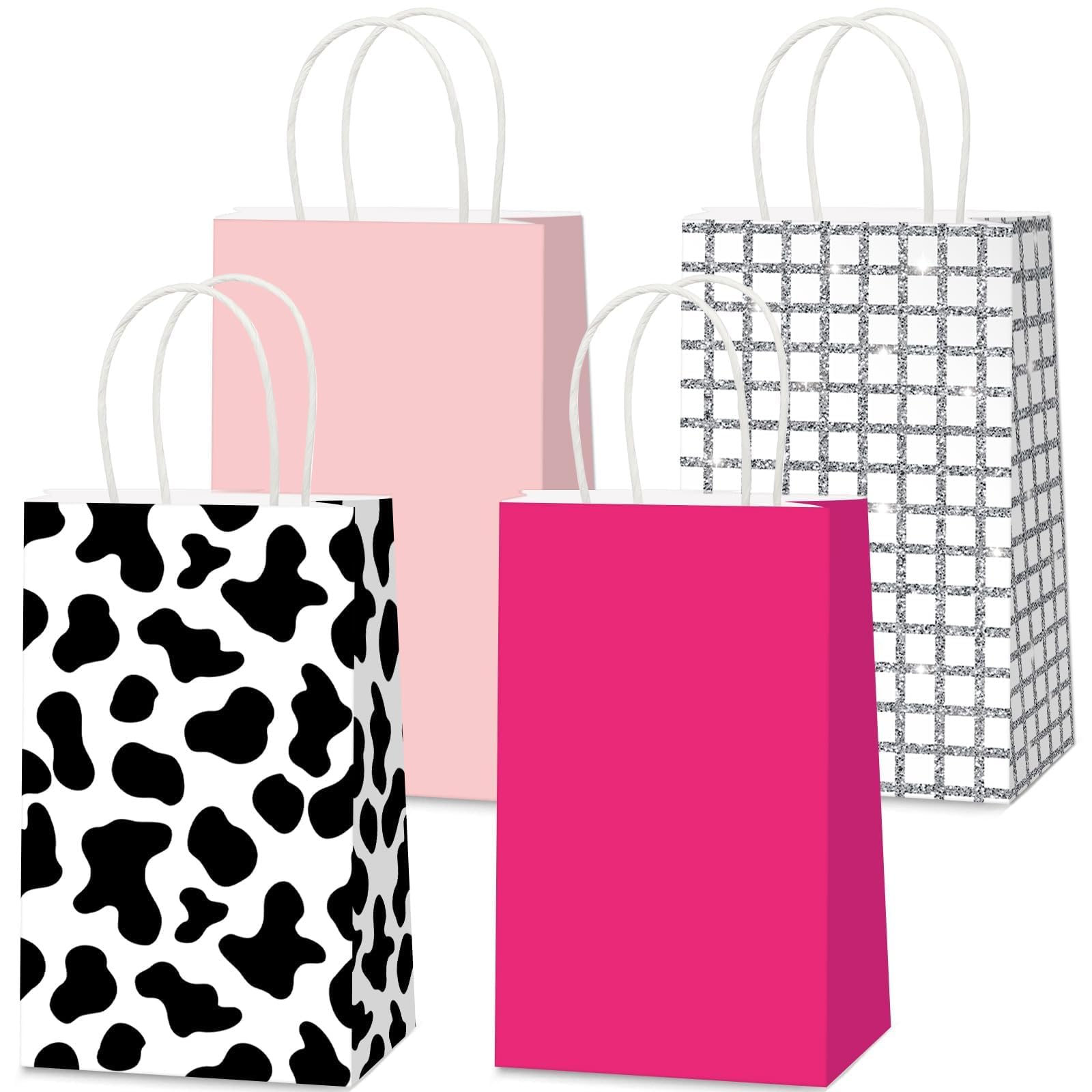 CHUNNIN 12PCS Western Cowgirl Paper Bags Cowgirl Party Favor Cow Print Themed Party Gift Supplies Hot Pink Disco Ball Treat Bags Bulk for Birthday 80s