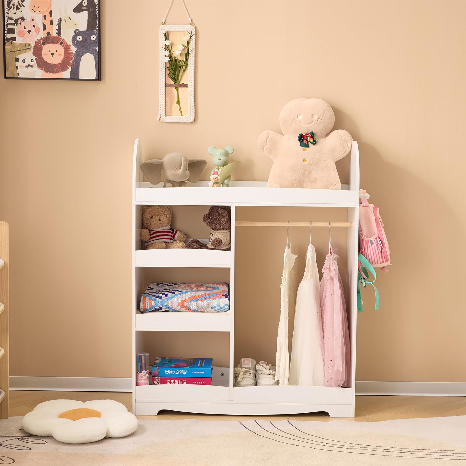 LALAHO Armoire Enfant avec Portant Vêtements Garde-Robe，Dressing penderie Enfant avec 4 Étagères et 3 Crochets（Blanc）