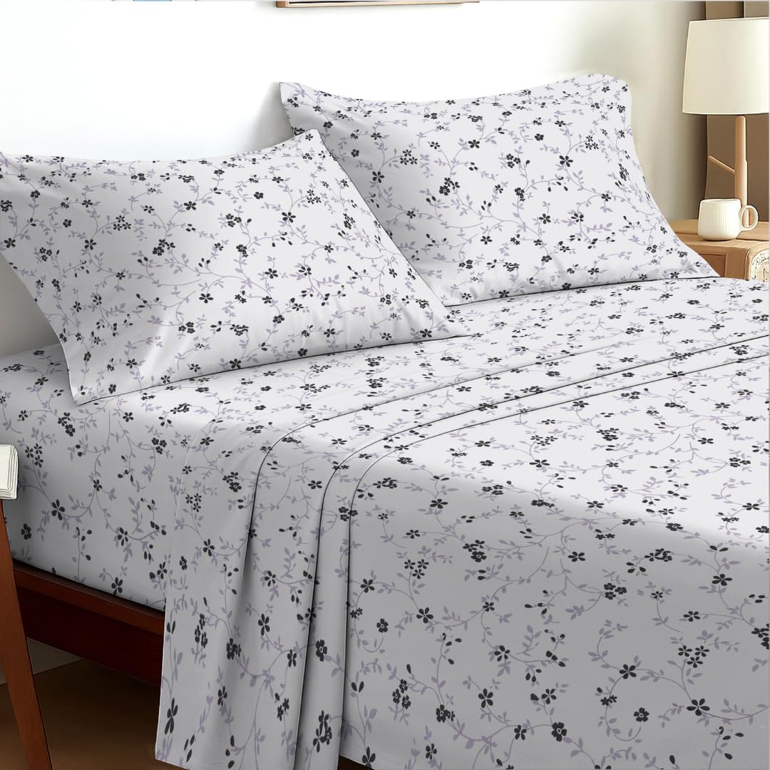 EverSoft Bedding Single 3-Piece Luxury Sheet Set Soft Flower Design Floral Print Bedding Includes 35cm Extra Deep Fitted Sheet, Flat Sheet & 1 Pillowcase Boutique Hotel Quality Moonlight Garden