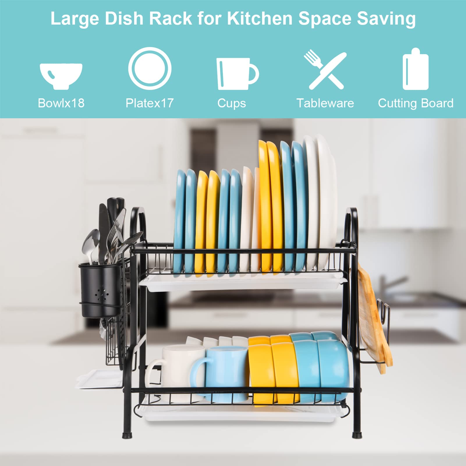 Dish Drying Rack, 2 Tier Stainless Steel Dish Rack with Drainboard