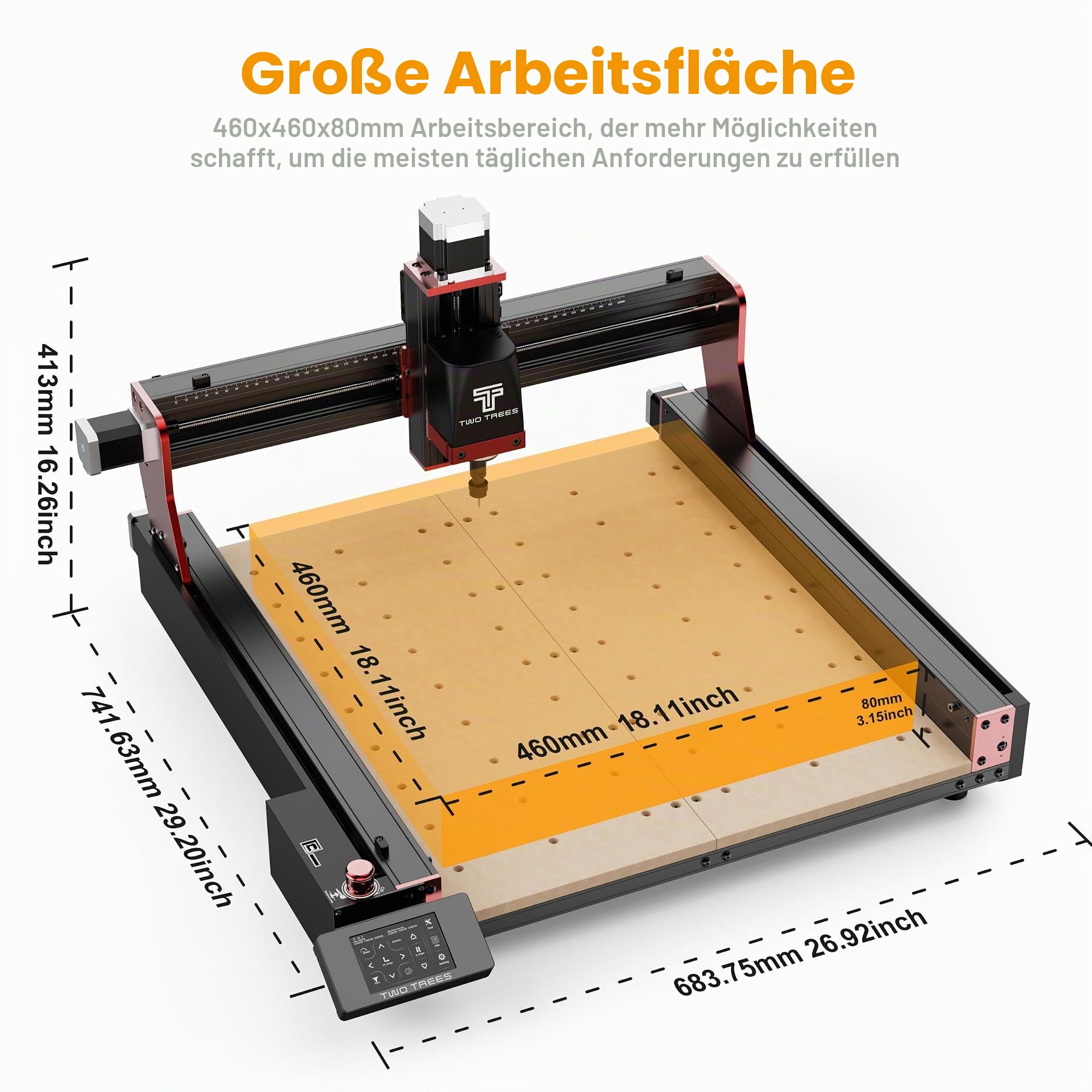 Twotrees TTC450 Pro CNC Router CNC Arbeitsbereich 460 x 460 x 80 mm zum Gravieren, Schneiden von MDF, Acryl, Massivholz Nylon mit Trimmer Kit 800W Holz Trimmer Router Spindel und 20W Lasermodul