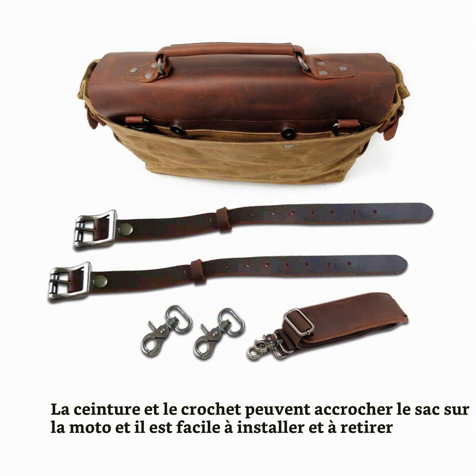 YUANZHOU Sac À Dos Moto Vintage en Cuir et Toile Cavalières, Noir