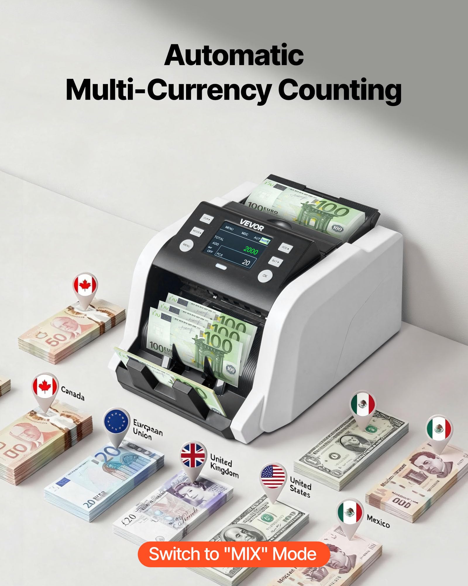 VEVOR Contabanconote Velocità 1200 banconote/min da Banco, Contasoldi con Conteggio del Valore, Rilevamento di Banconote False UV MG IR DD DBL HLF CHN, Display TFT, per Banconote Multiple Valori Misti