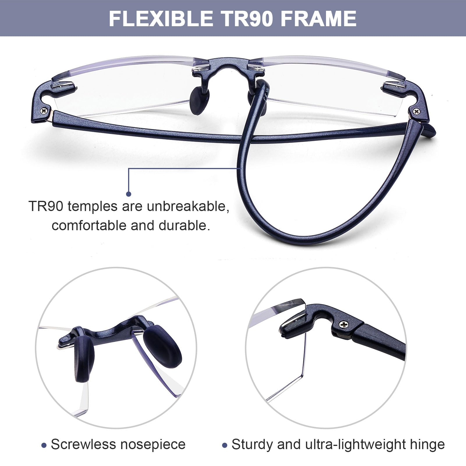 DOOViC Blue Light Filter Reading Glasses 2.25 Frameless Blue Rectangle Flexible TR90 Legs Lightweight Readers for Men/Womens/Unisex - Image 4