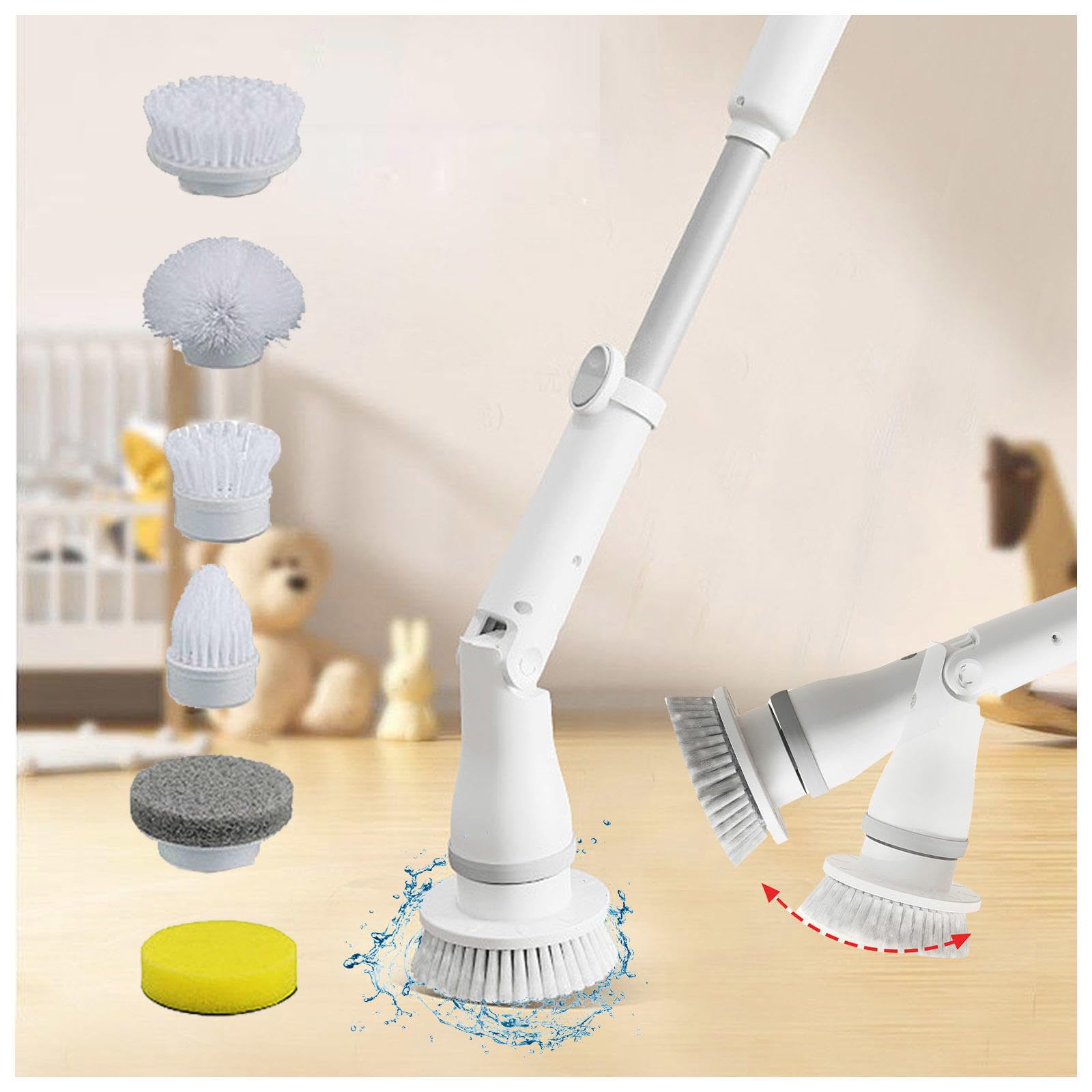 Spazzola Rotante 6 in 1, 2 Velocità Regolabili, Maniglia Regolabile,Wireless Spazzola Pulizia Casa per Bagno, Vasca,Cucina,Pavimento,Auto