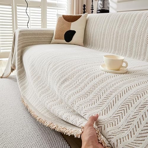 Chenille Sofa Cover - Cat-Proof & Anti-Scratch Couch Protector Slipcover with Tassels | Universal Fit for 1 2 3 4 Seater L U Sofas | Simple Modern Solid Colour Sofa Throw (Coffee, 130 * 180cm)