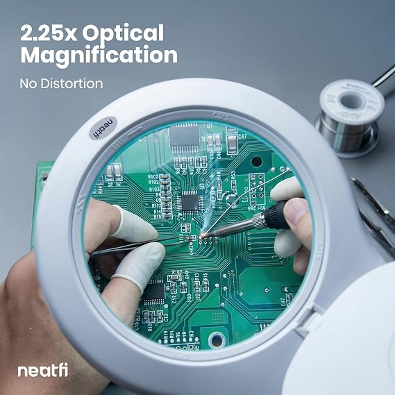 Neatfi Elite XL HD Super LED Magnifying Lamp 7 Glass Lens, 5-Diopter, 6500K Daylight | Glare-Free, Adjustable Arm | Reading, Sewing & Crafting (White-3, 7-inch Lens, Non-CCT with Clamp)