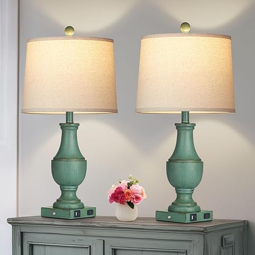 Miniatura 9 de Farmhouse Table Lamp Set of 2, Rustic Touch Control 3-Way Dimmable Lamps with USB A+C Charging Ports & AC Outlet, Vintage Retro Antique Bedside Lamp