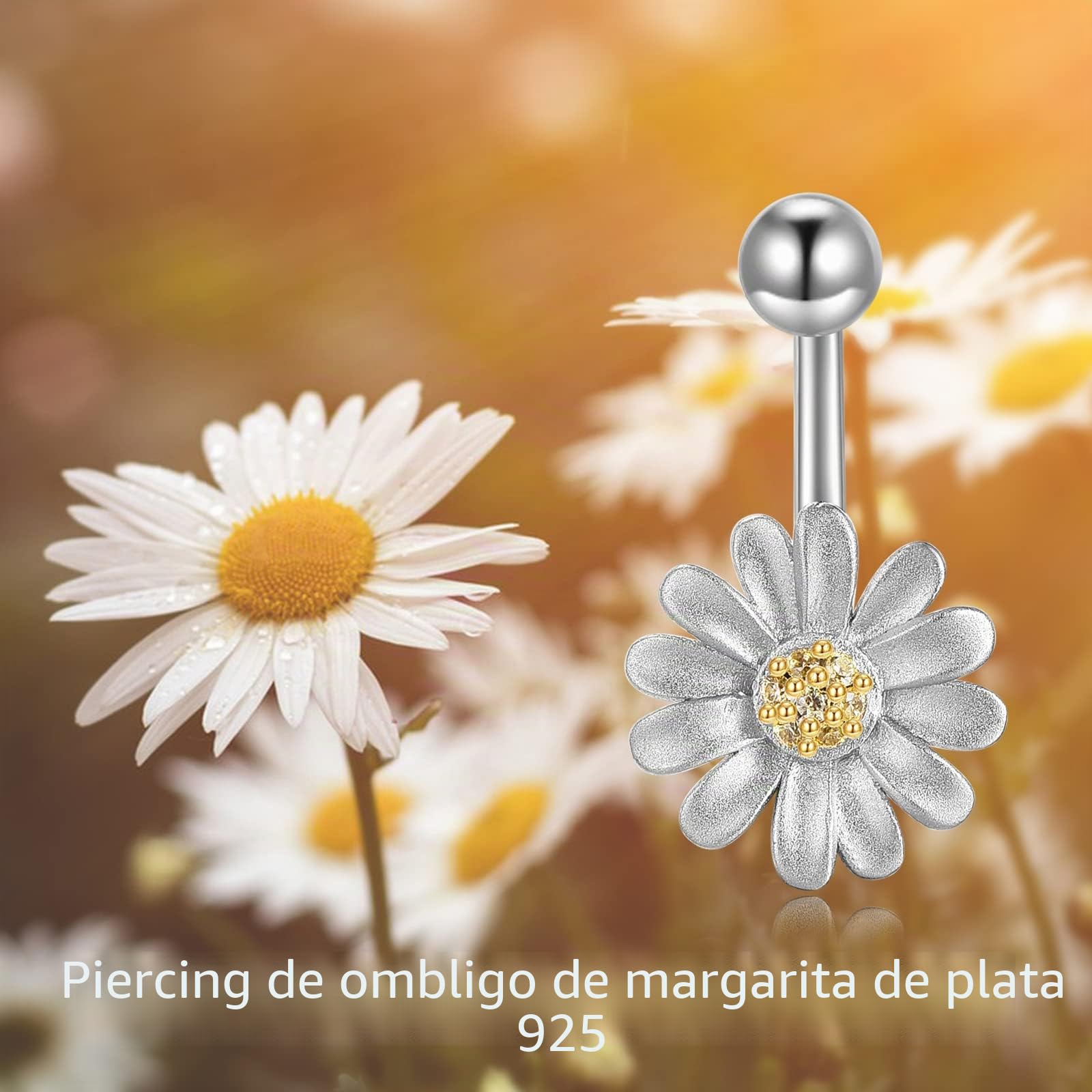 YFN Piercing de ombligo de plata de ley 925 con diseño de girasol para mujer, hipoalergénico, sin níquel, elegante diseño de girasoles, 10, Plata de ley, Circonita cúbica