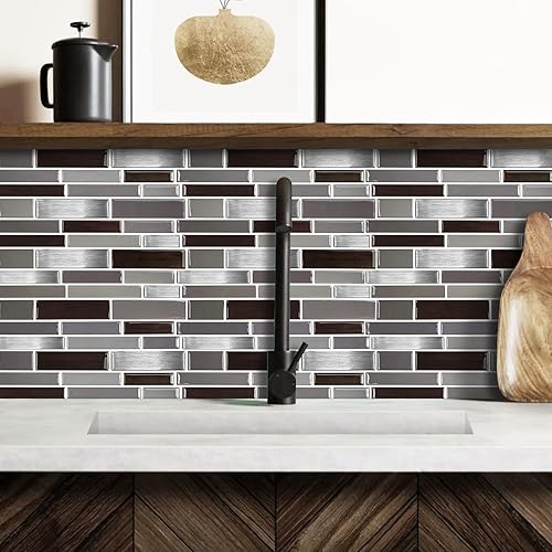 Miniatura 7 de Rvhouse Papel tapiz autoadhesivo 3D de 10 x 10 pulgadas, 10 hojas de azulejos autoadhesivos negros y grises, papel tapiz impermeable para decoración