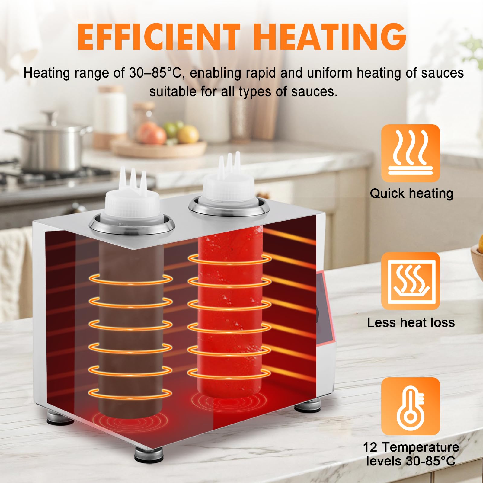 YUCHENGTECH Chauffe-Sauce Électrique, Température Réglable 86-185 ℉,320W | Distributeur Chauffant pour Sauces en Acier Inoxydable avec 2 Bouteillespour Chocolat, Fromage, Ketchup et le Fudge