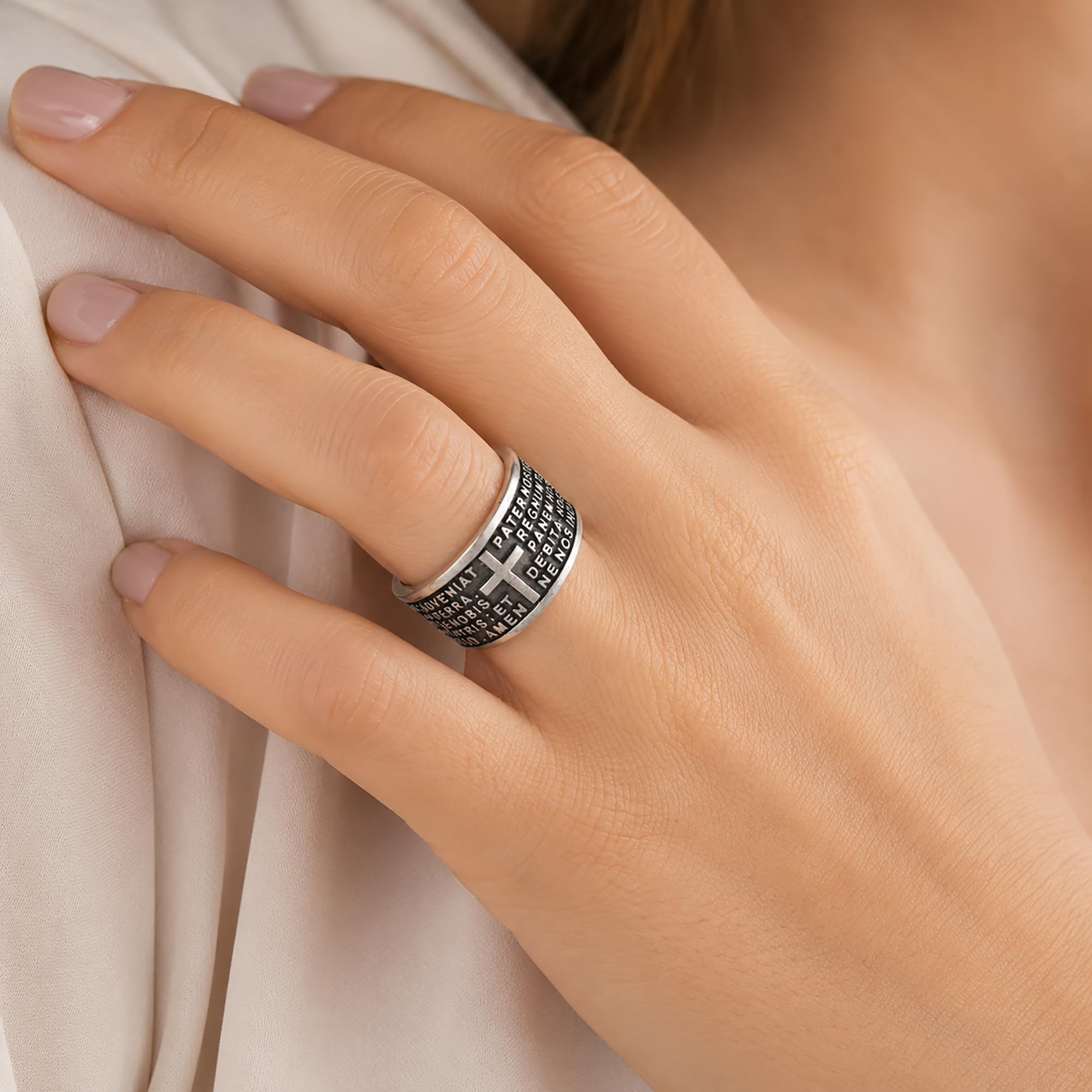 Gioielli Aurum - Ring für Herren und Damen, 925er Silber, Vaterunser lateinisches Gebet, religiös, brüniert, handgefertigt, hergestellt in Italien, nickelfrei, hypoallergen, Geschenkidee für Jungen