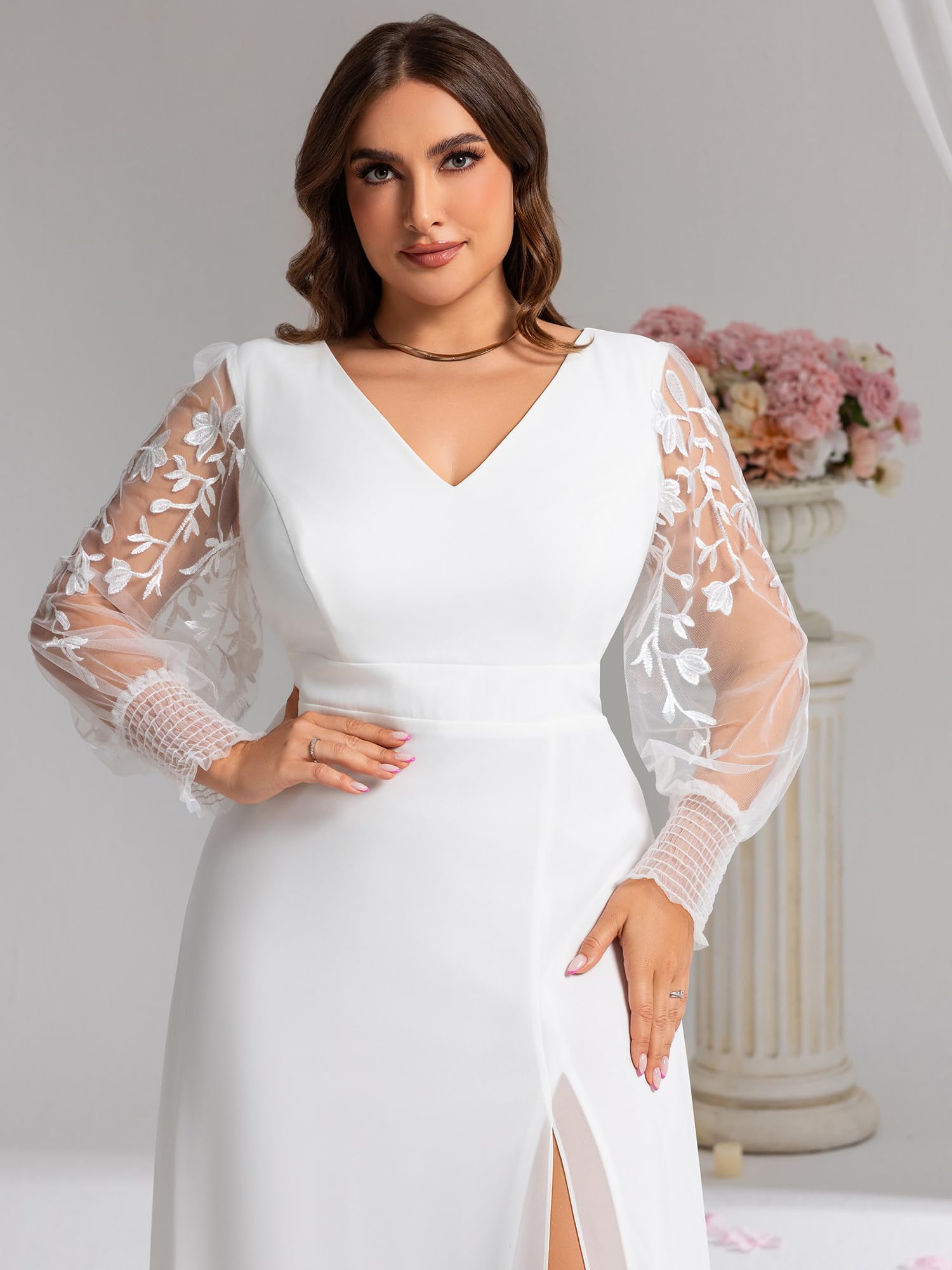 Ever-Pretty Plus Abito da sera formale da donna con scollo a V alla moda ricamato a maniche lunghe una linea in chiffon diviso taglie forti 02251-DA