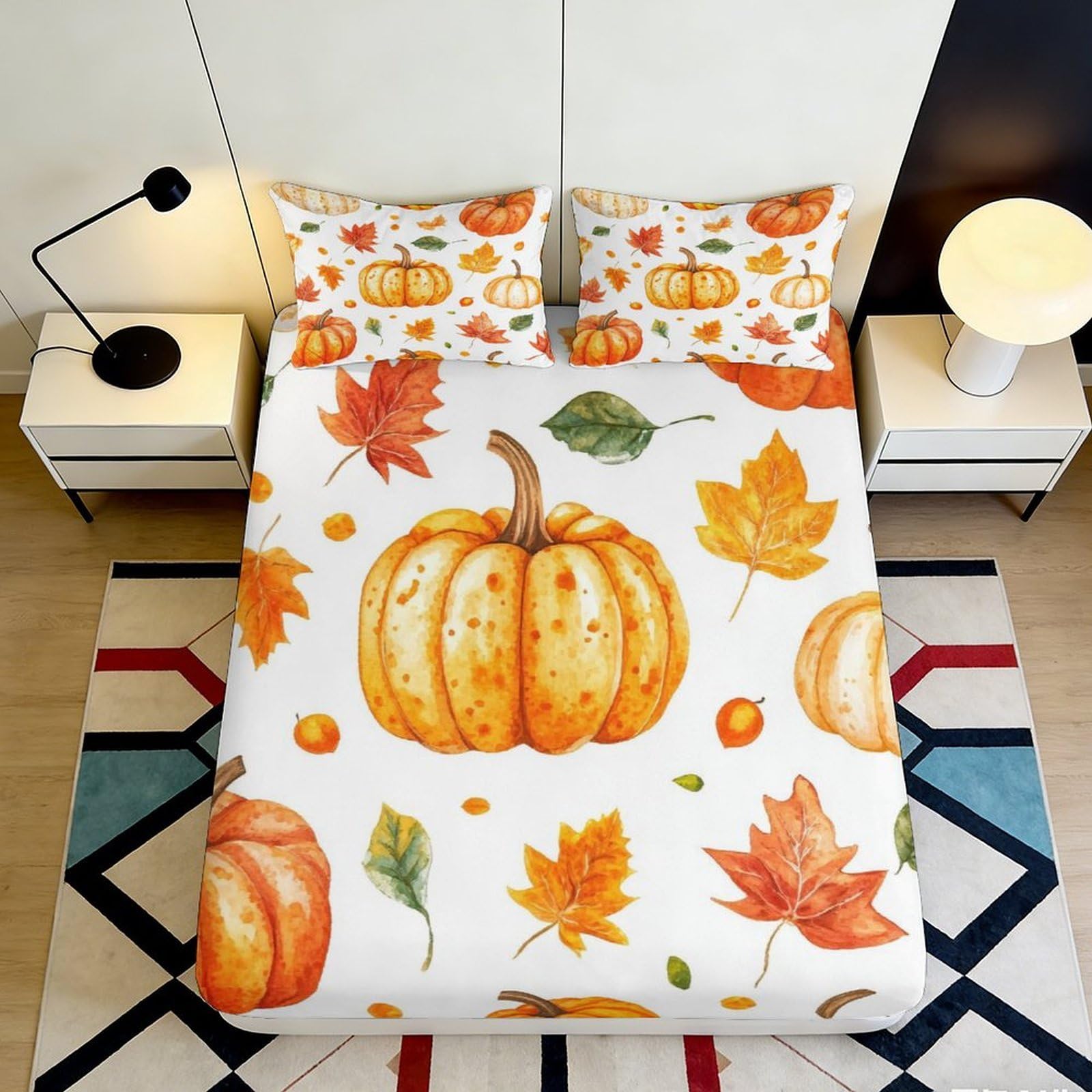 3D Printed Pumpkin Autumn Leaves Fitted Sheet Microfiber Soft Orange Maple Bed Cover for Bedroom Dorm Mattress Decor 90x200x25cm