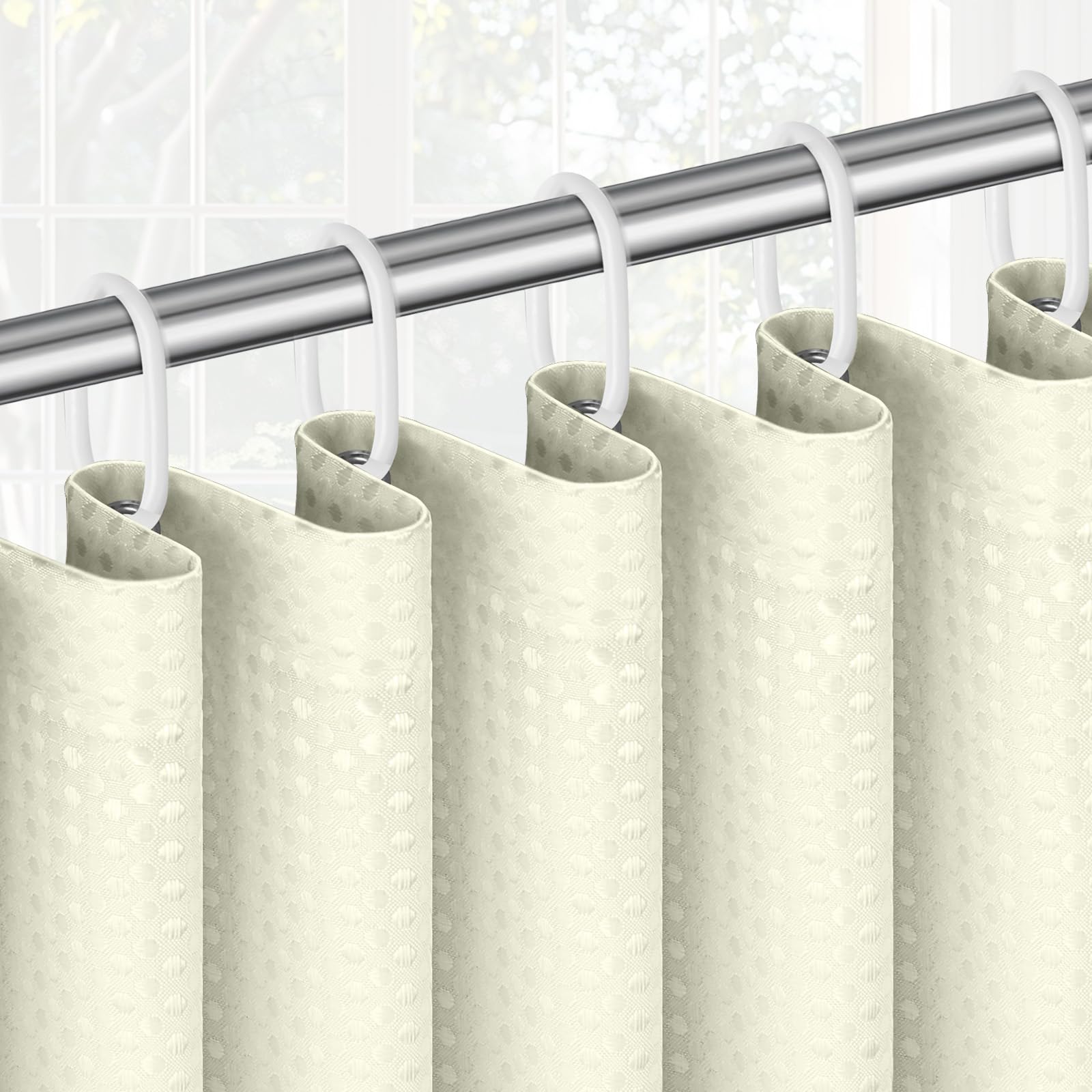 APXEL Beige Waffle Shower Curtain, Mould Proof Waterproof Fabric Wet Room Shower Curtains, Heavy Duty Washable Bathroom Curtain Set with 12 Plastic Hooks (180 x 200cm Drop)