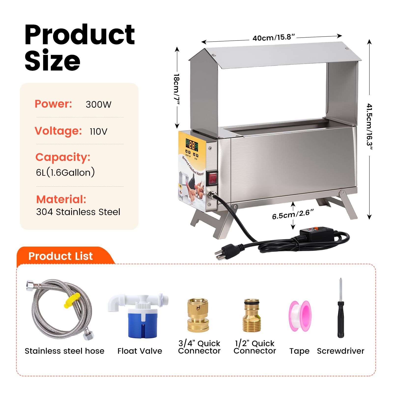 Scaldabagno per pollo per l'inverno, 5 l, riscaldato automatico con gamba regolabile e controllo termostato, scaldabagno antigelo per pollame, accessori per pollame