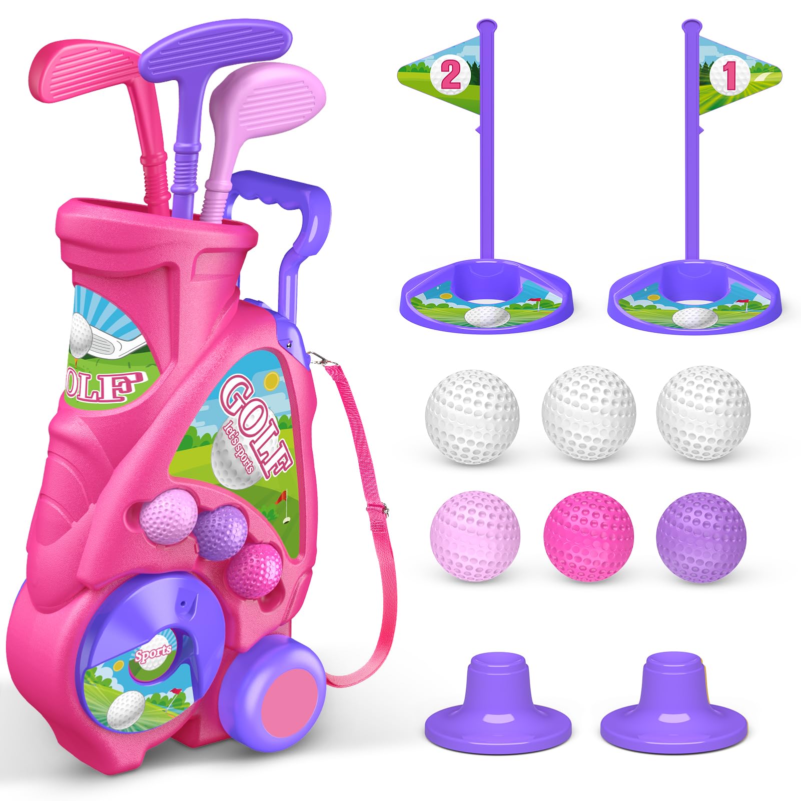 Naxudcoo Kids Golf Set for Girls, Kids Golf Clubs, Toddler Golf Set with 6 Balls, 3 Clubs, 2 Practice Holes, Indoor Outdoor Sport Toys Gifts for Boys Girls 3 4 5 6 Year Old
