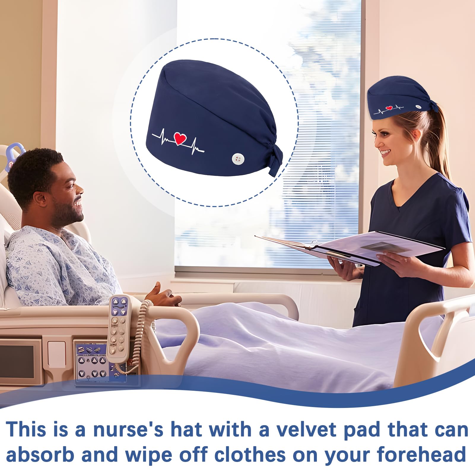 Berretto Donna Chirurgico Cappello in Cotone, Cuffietta sala Operatoria con Fascia Regolabile, Berretto Infermiera con Ricamo a Cuore, Cuffietta Chirurgica Unisex per Medici e Infermieri, Blu Scuro