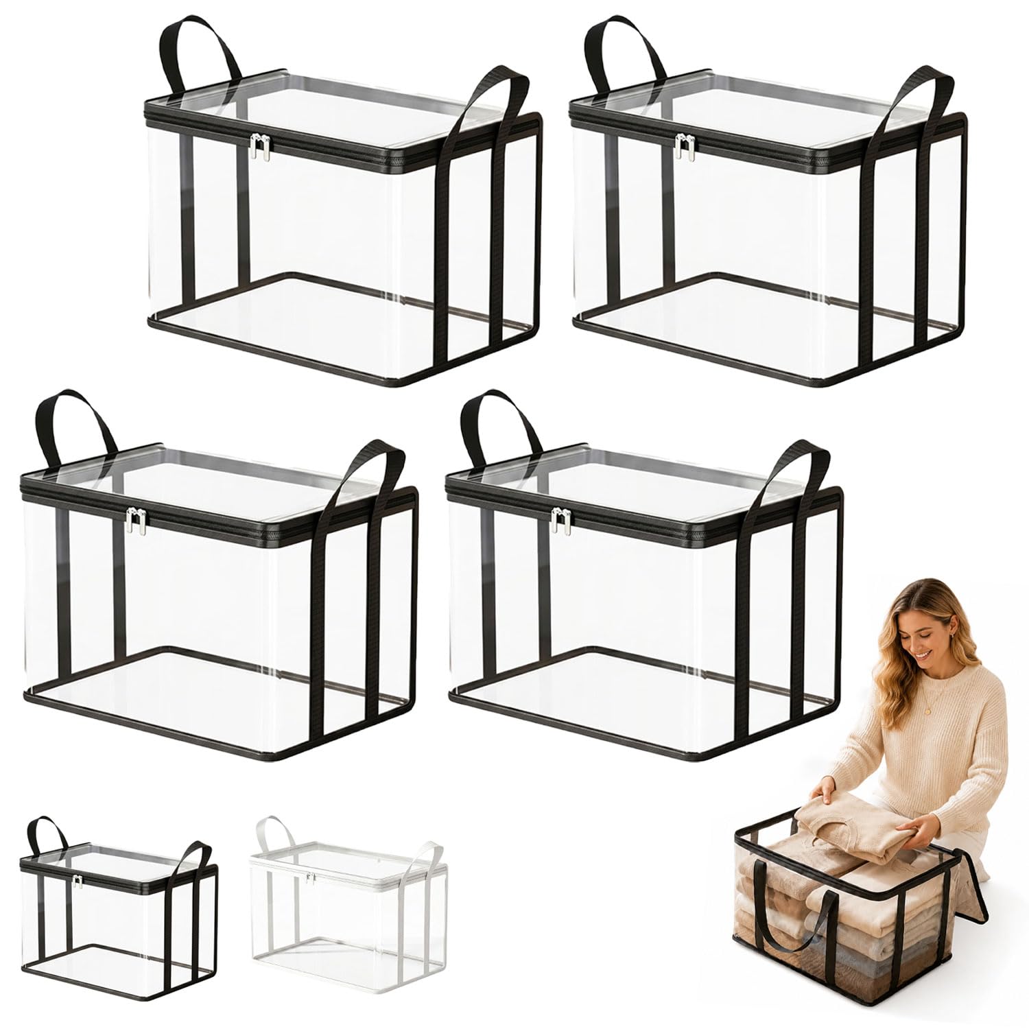 Hawiat 2026 New Large Clear Thick Plastic Storage Box with Hinged Lid, Clear Storage Box Heavy Duty Stackable Organizer for Clothes Camping Moving Attic (4pcs*black)