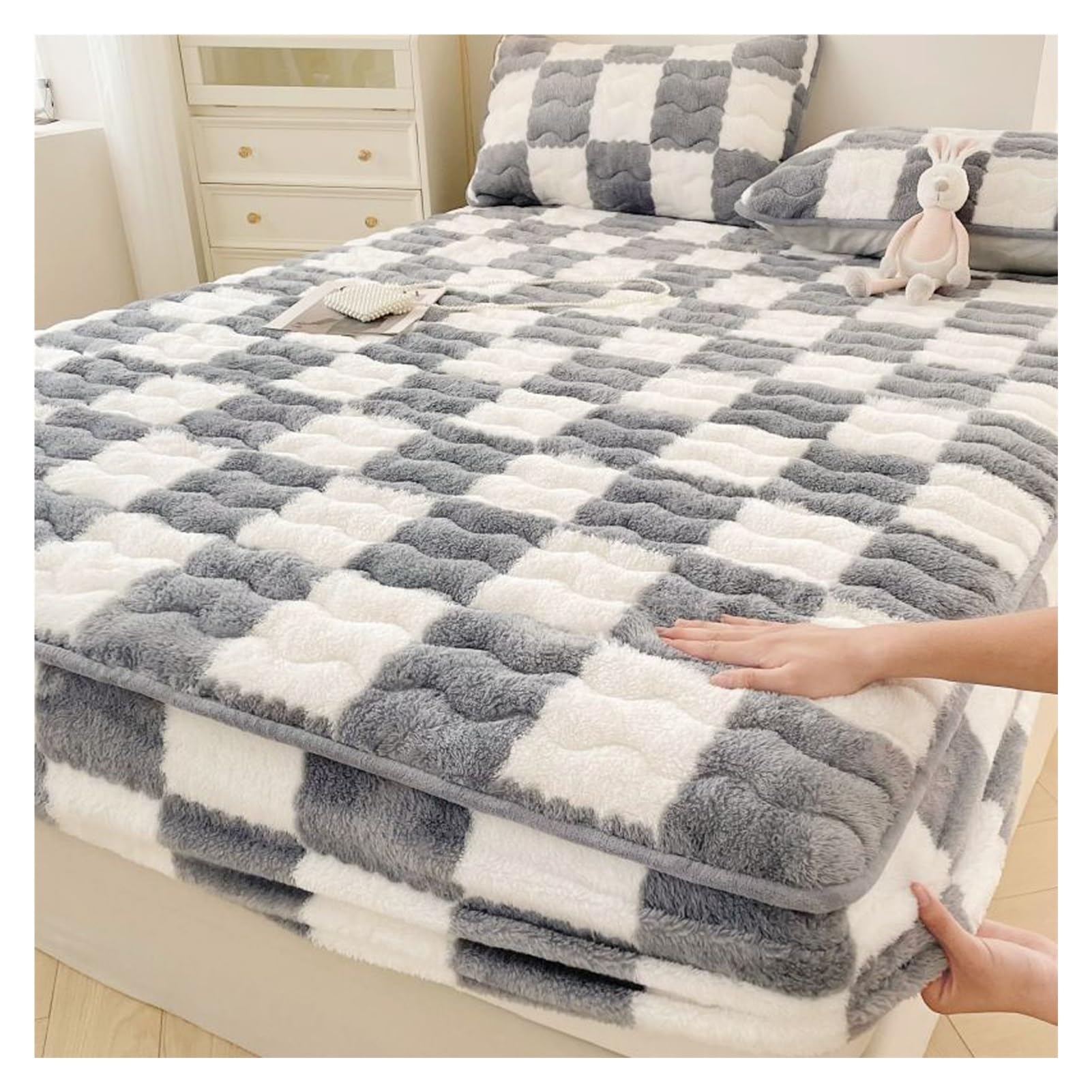Velvet Fitted Sheet,Elastic Velvet Sheet Mattress Protector,Soft Breathable Mattress Pad Cover for Twin Full Queen King California King Size Bed(Gray,Pillow case*2)