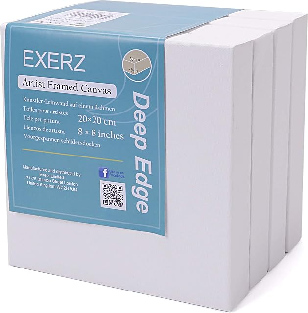 EXERZ 20x20cm Framed Canvas 3.8cm Deep Edge 4pcs/ 380GSM/ Artist Pre-Stretched Canvas 100% Cotton/Blank/Triple Primed/Acid Free/Medium Grain/Professional Acrylic Paint, Oil Paint (20x20cm 4pk)