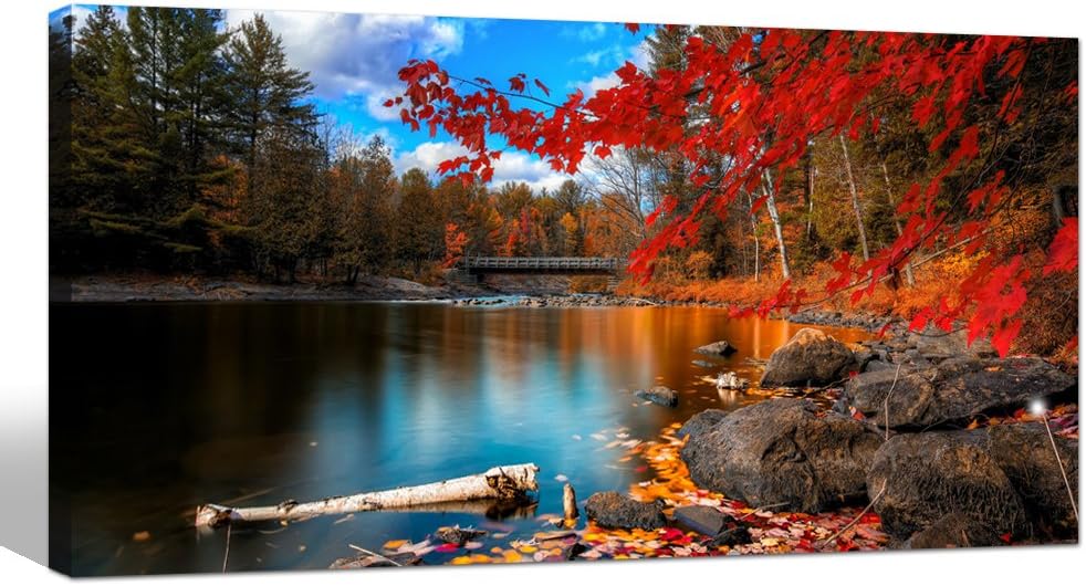 sechars - Red Maple Leaves Canvas Wall Art,Autumn Scenery Canvas Prints for Home Decor,lake Picture Prints on Canvas Framed and Ready to Hang - 24"x48"