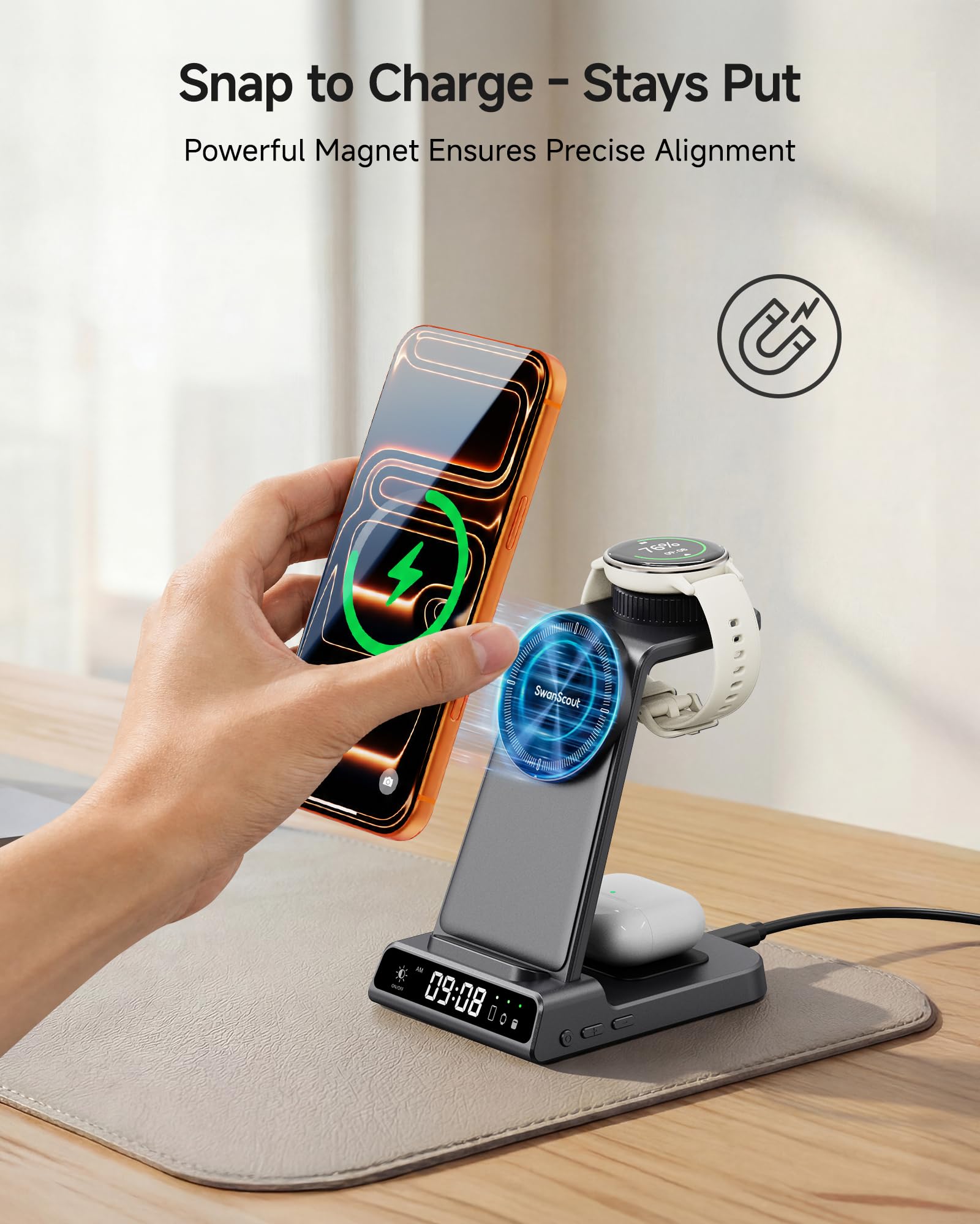 Caricatore per Garmin Watch, Caricatore Wireless Magnetico per iPhone 17 16 15 14, Stazione di Ricarica 3 in 1 per Garmin Fenix, Venu, Forerunner, Vivoactive e Instinct, AirPods Pro 3/4 (No Adapter)