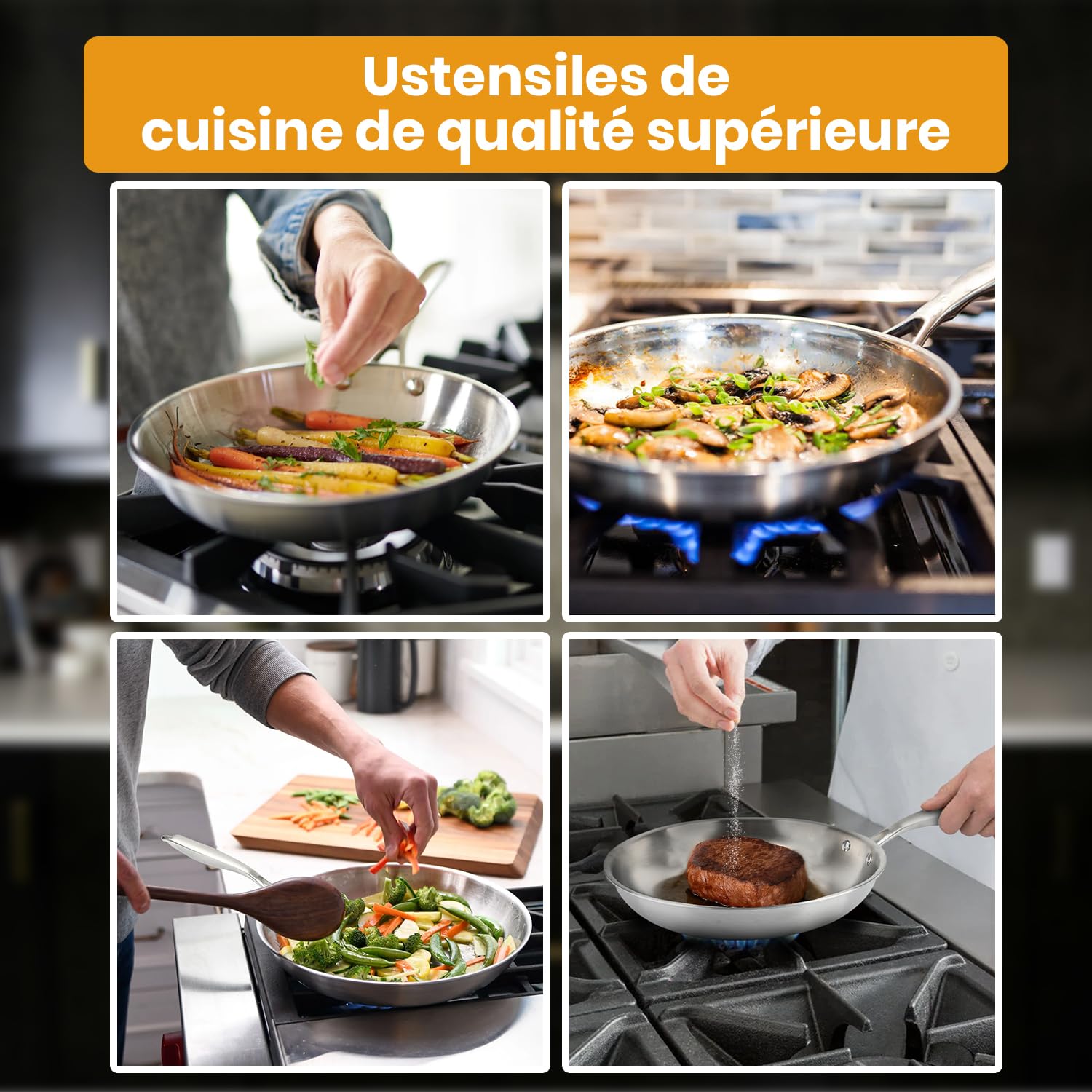 Poele Inox 28cm 18/10 Induction 3 Couches Acier Inoxydable Compatible Tous Feux Gaz Electrique Vitroceramique