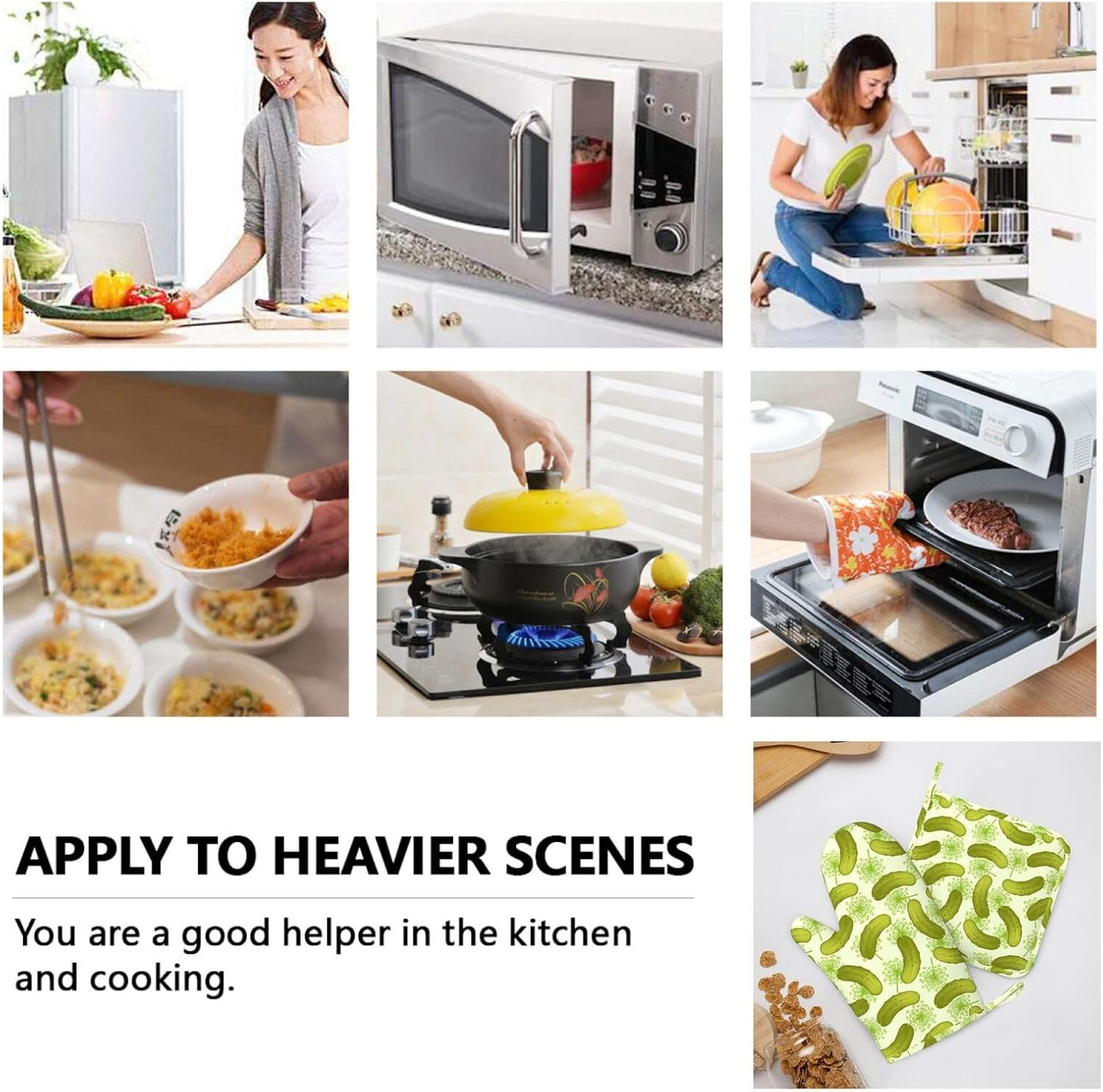 Dill Pickle Oven Mitts and Pot Holders Sets, 4pcs Silicone Non-Slip Kitchen Mitts Potholders Heat Resistant BBQ Gloves Hot Pads for Cooking Grilling Baking Microwave Chef Gifts Decor