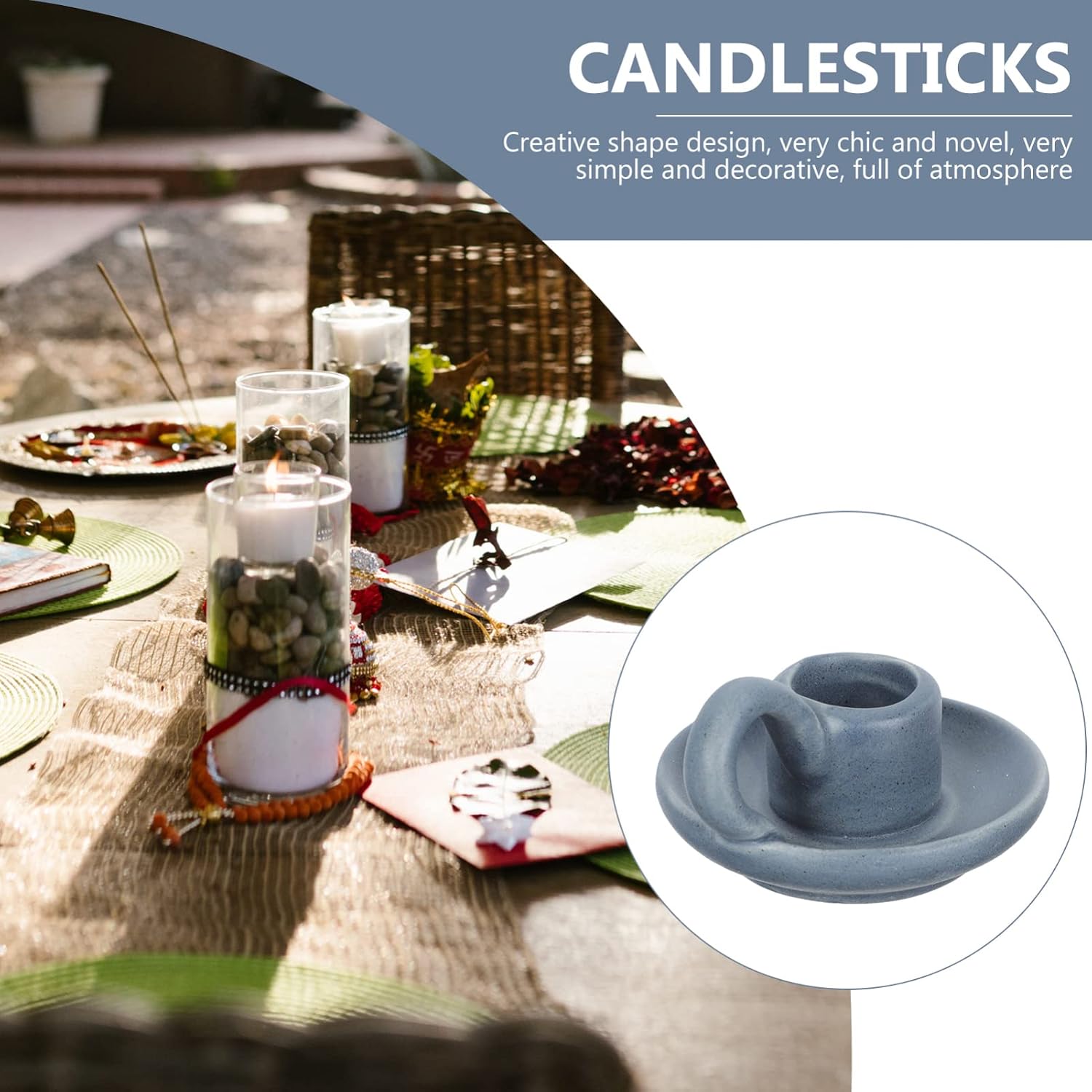 DOITOOL 2Pcs Ceramic Candle Holder Candlestick Holder with Handle, Taper Candle Stand Candlelight Stand Holder Decorative Candle Display Holder for Desktop Dining Room Home Decoration Display (Blue)