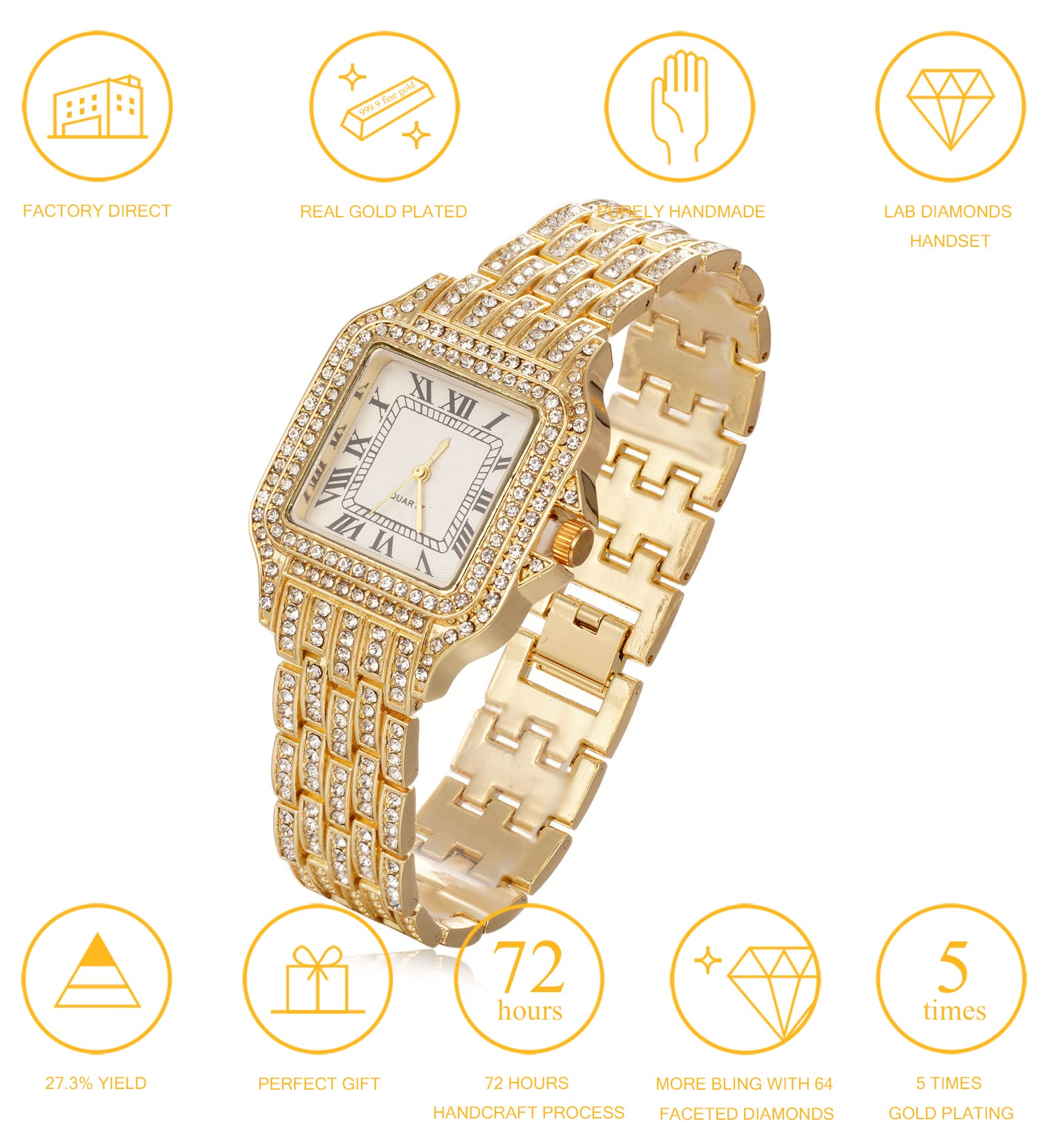 HALUKAKAH Reloj de Oro con Diamantes,Hombre Chapado en Oro de 18 Quilates/Oro Rosa/Oro Blanco Chapado en Platino 33MM Ancho Esfera Cuadrada Cuarzo 20cm con Cadena de Cubanos Collar Pulsera