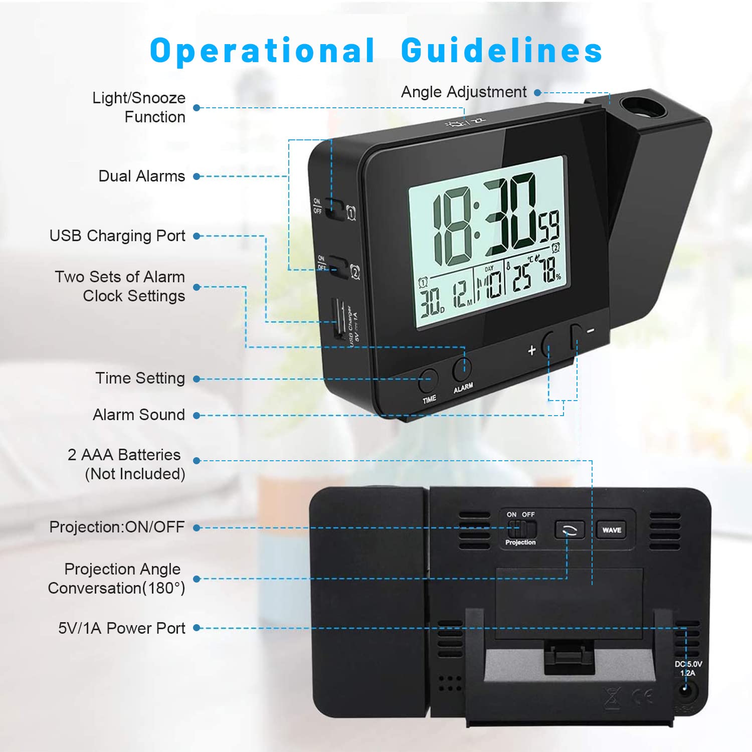 Deofde Sveglia con proiezione, Sveglia Digitale con Ampio Display LCD, Orologio Digitale con Doppio Allarme, Funzione Snooze, Timer di Standby, 12 / 24h, termometro Interno