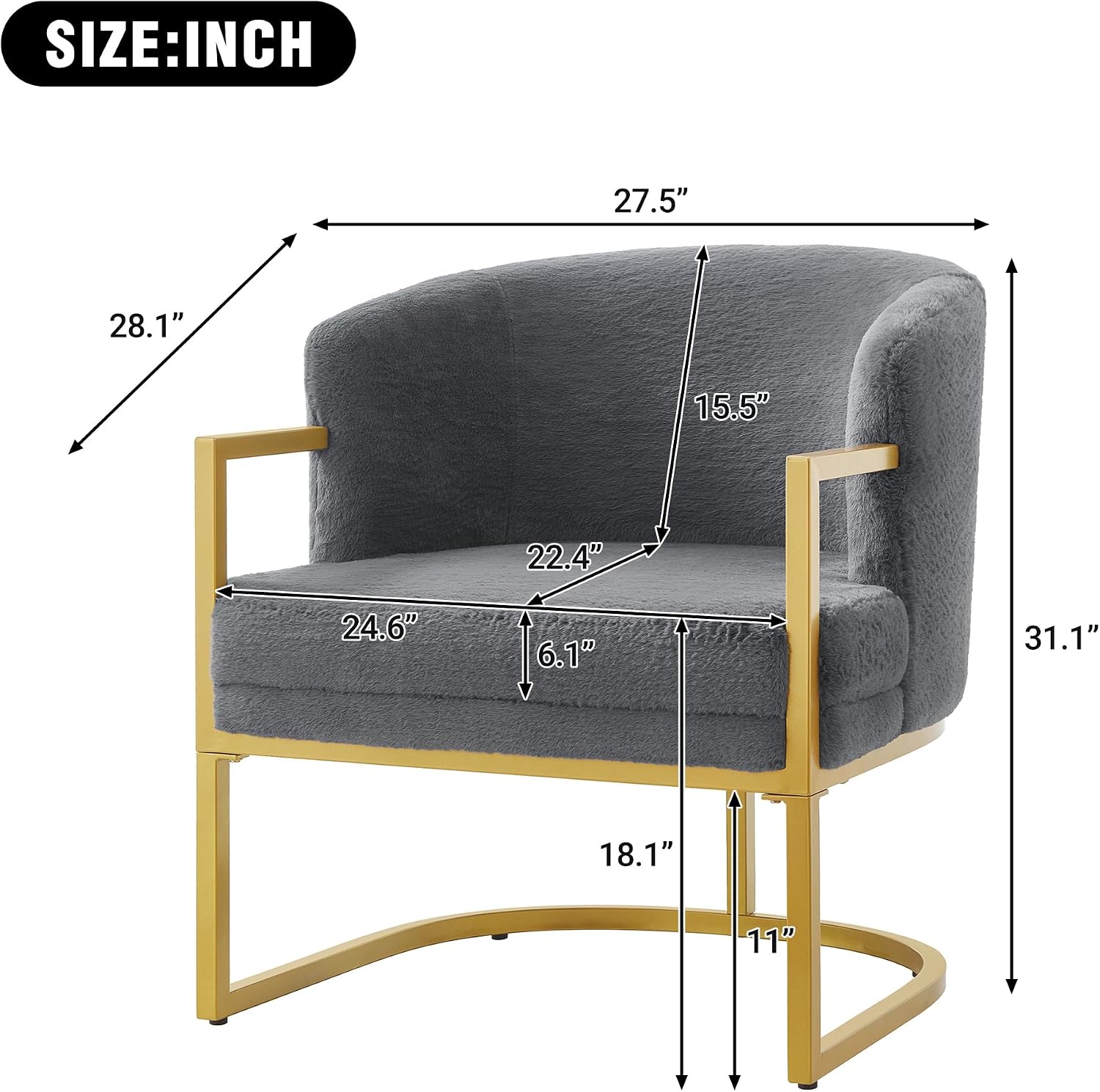 Christopher Knight Home Hailey Modern Accent Chair, Faux Rabbit Fur Upholstered Lounge Chair Indoor, Curved Backrest Armchair, Soft Cushion Seating for Living Room Reading Home, Grey + Gold