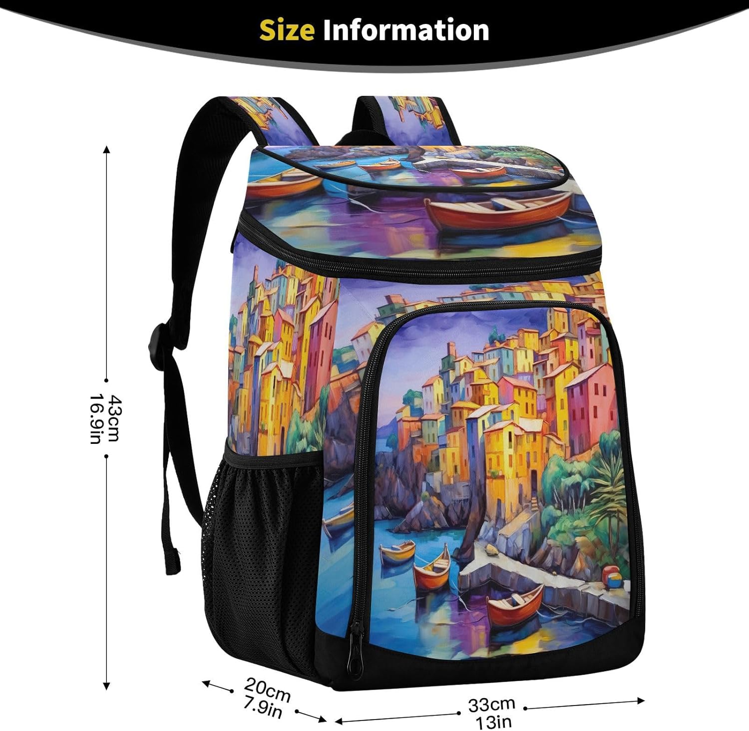 Picturesque Village Cooler Backpack 36 Cans Leakproof Waterproof Backpack Cooler Bag Beach Accessories Travel Camping Fishing Backpack for Women Men