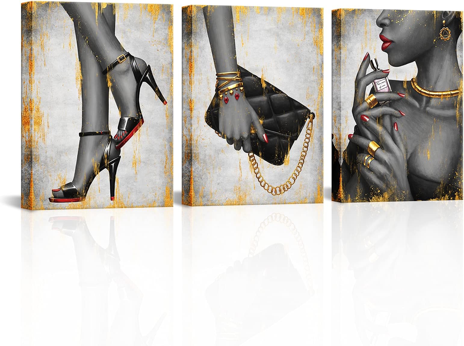 Kalormore Black Gold Fashion Poster Glam Elegant African American Black Woman Painting Giclee Prints High Heel Shoes Perfume Handbag Gold Jewelry Picture Gallery Wrapped Artwork