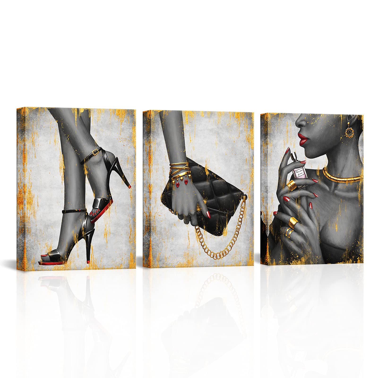 KalormoreBlack Gold Fashion Poster Glam Elegant African American Black Woman Painting Giclee Prints High Heel Shoes Perfume Handbag Gold Jewelry Picture Gallery Wrapped Artwork