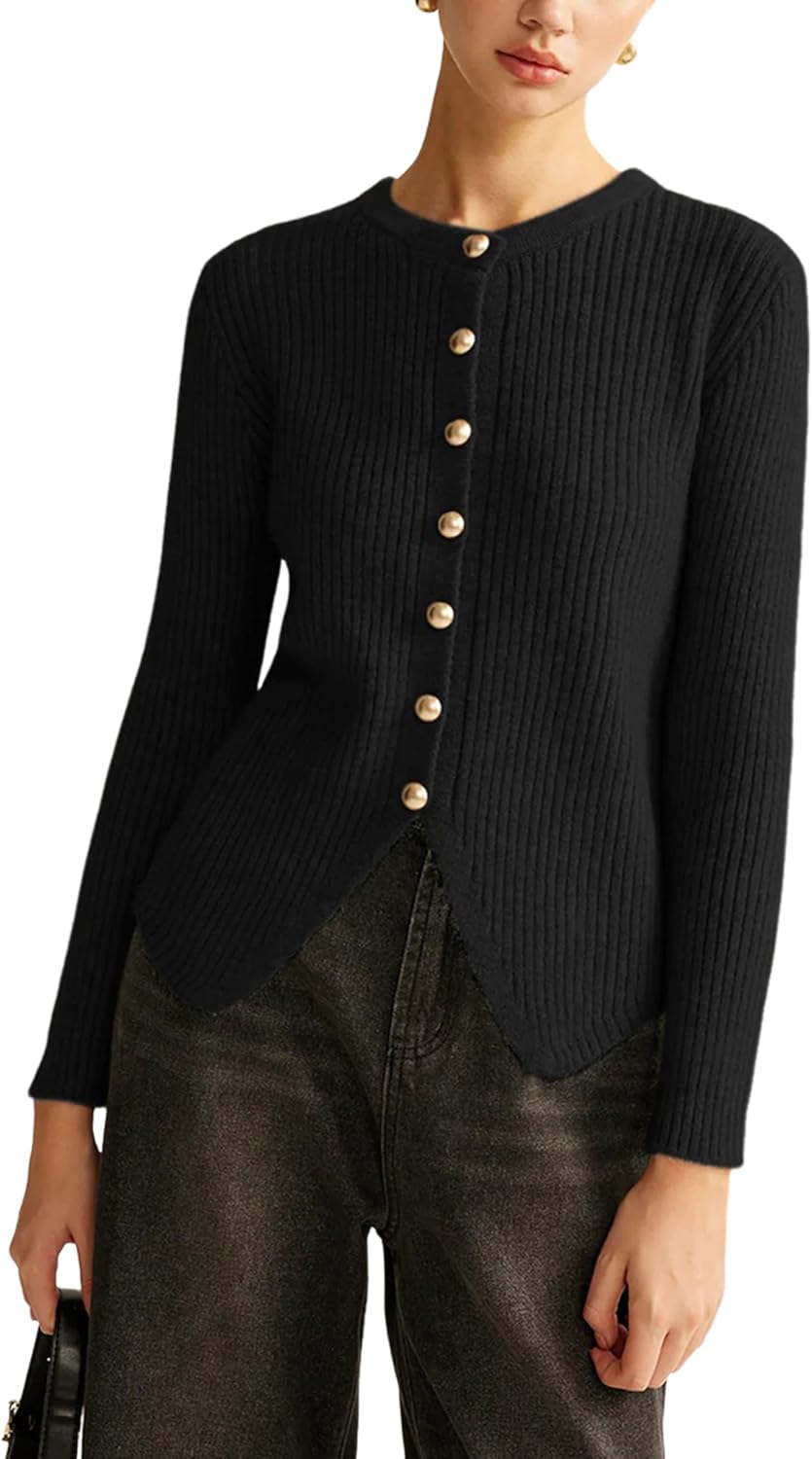 Yeokou Women's Split Cardigan Gold Button Down Cable Knit Fall Winter Sweater Knitwear