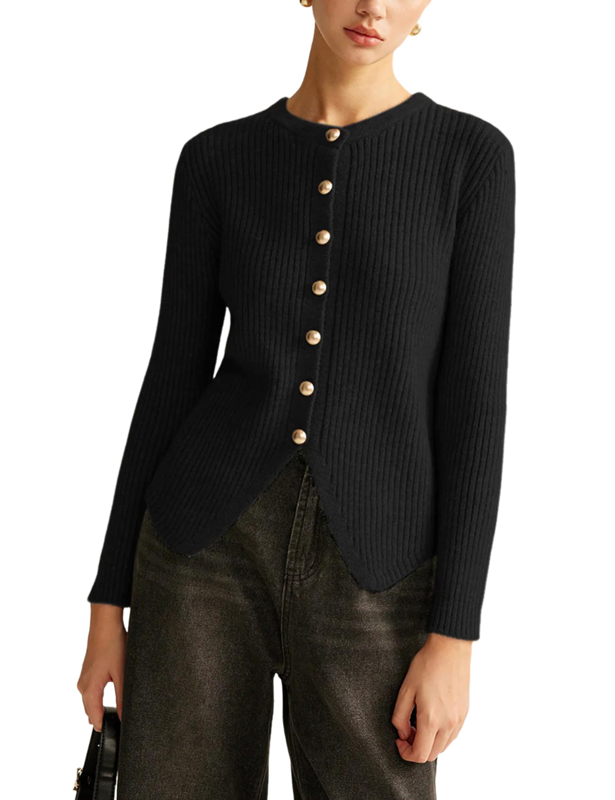 Yeokou Womens Split Cardigan Gold Button Down Cable Knit Fall Winter Sweater Knitwear
