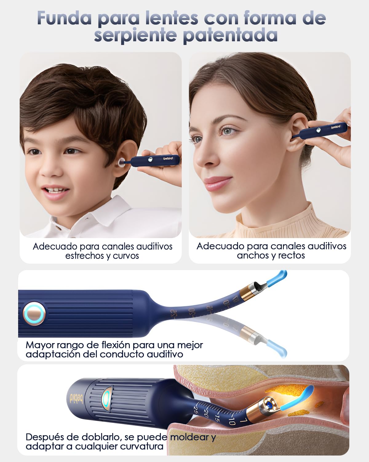 Otoscopio Flexible, Limpia Oidos con Cámara HD y 6 LED, Limpiador de Oidos Cera con Puntas de Repuesto Variadas para Examen de Oídos/Nariz/Garganta, Limpieza Oidos Adultos Compatible con iOS y Android