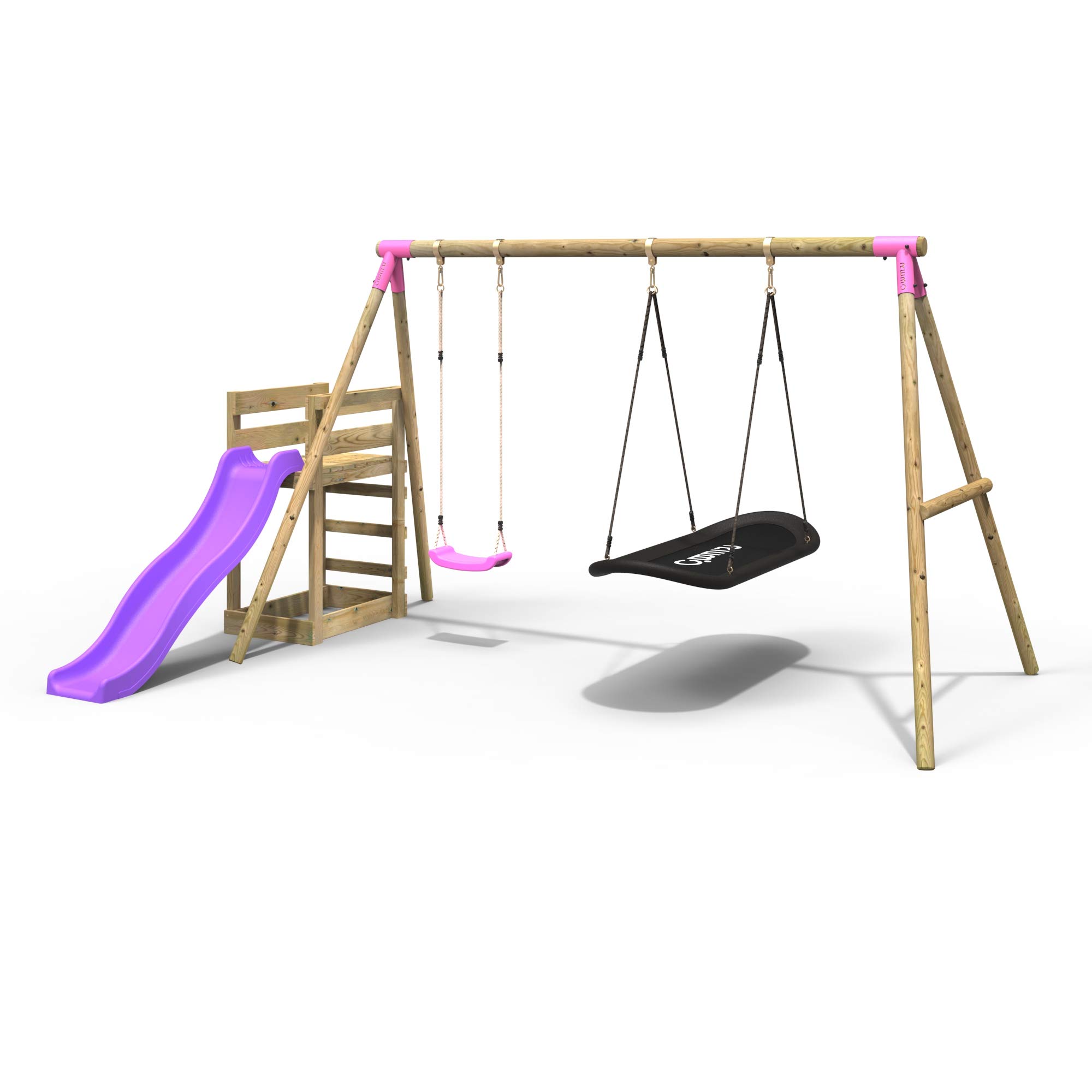 Rebo® Wooden Swing Set Plus Deck and Slide - Meteorite Pink | OutdoorToys | Kids' Playset - Sturdy Construction, Pressure Treated Timber, Soft-Feel Ropes